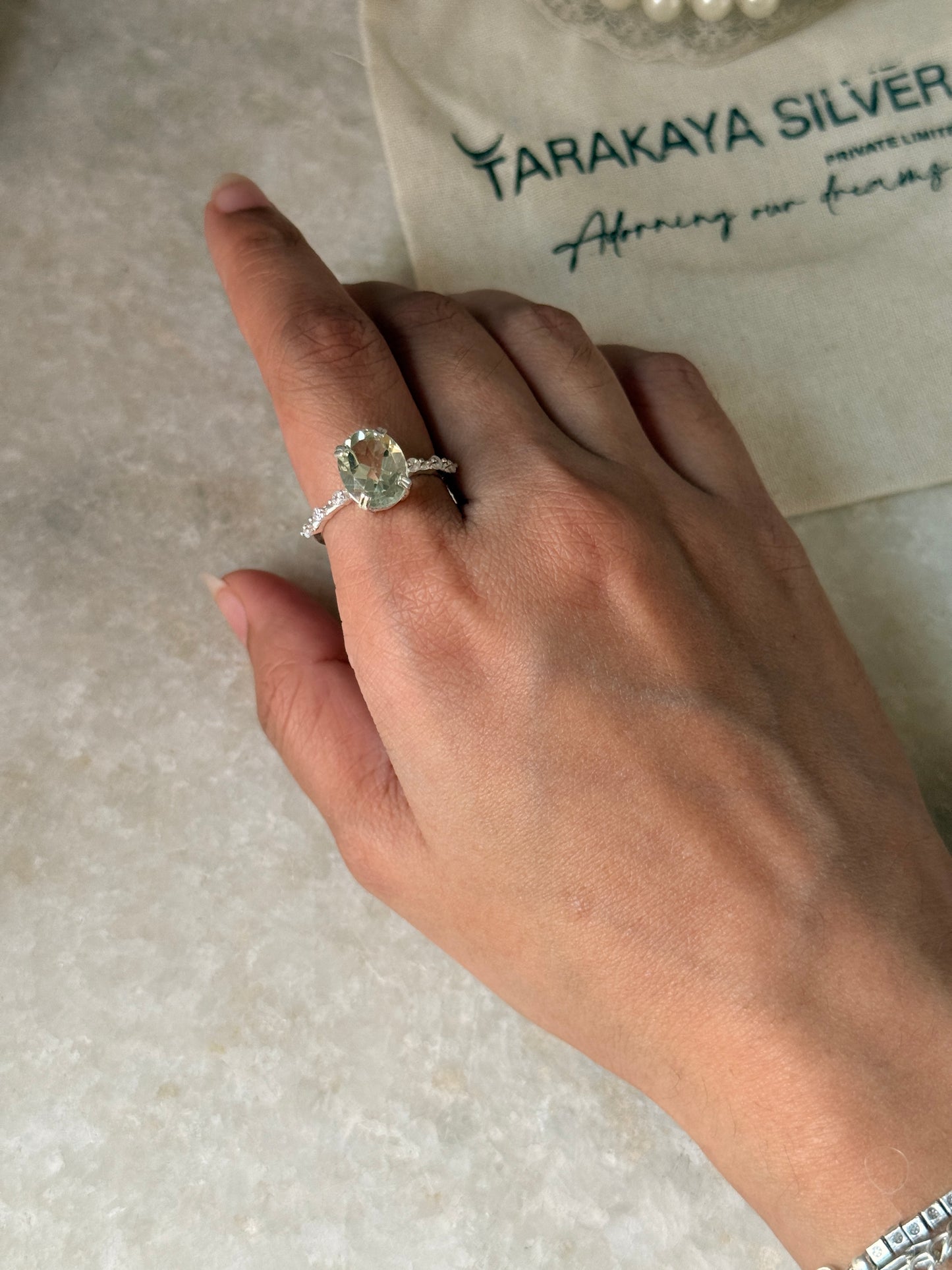 natural green amethyst oval CZ gemstone 925 sterling silver ring