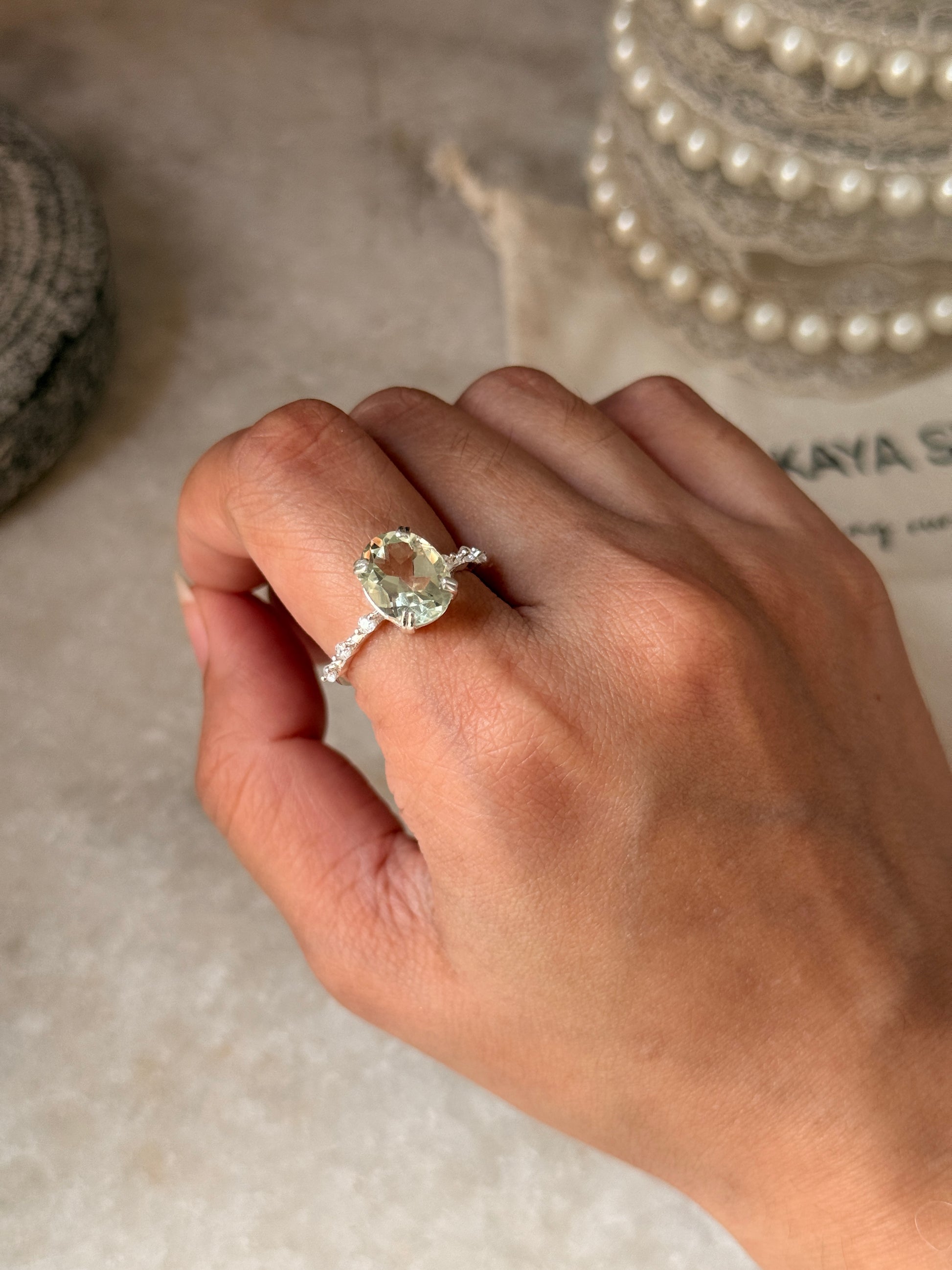 elegant green amethyst oval CZ gemstone 925 sterling silver ring  