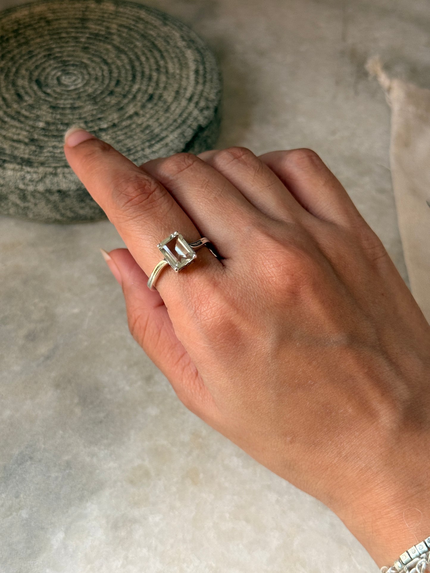 Artisan crafted green amethyst rectangular 925 sterling silver ring