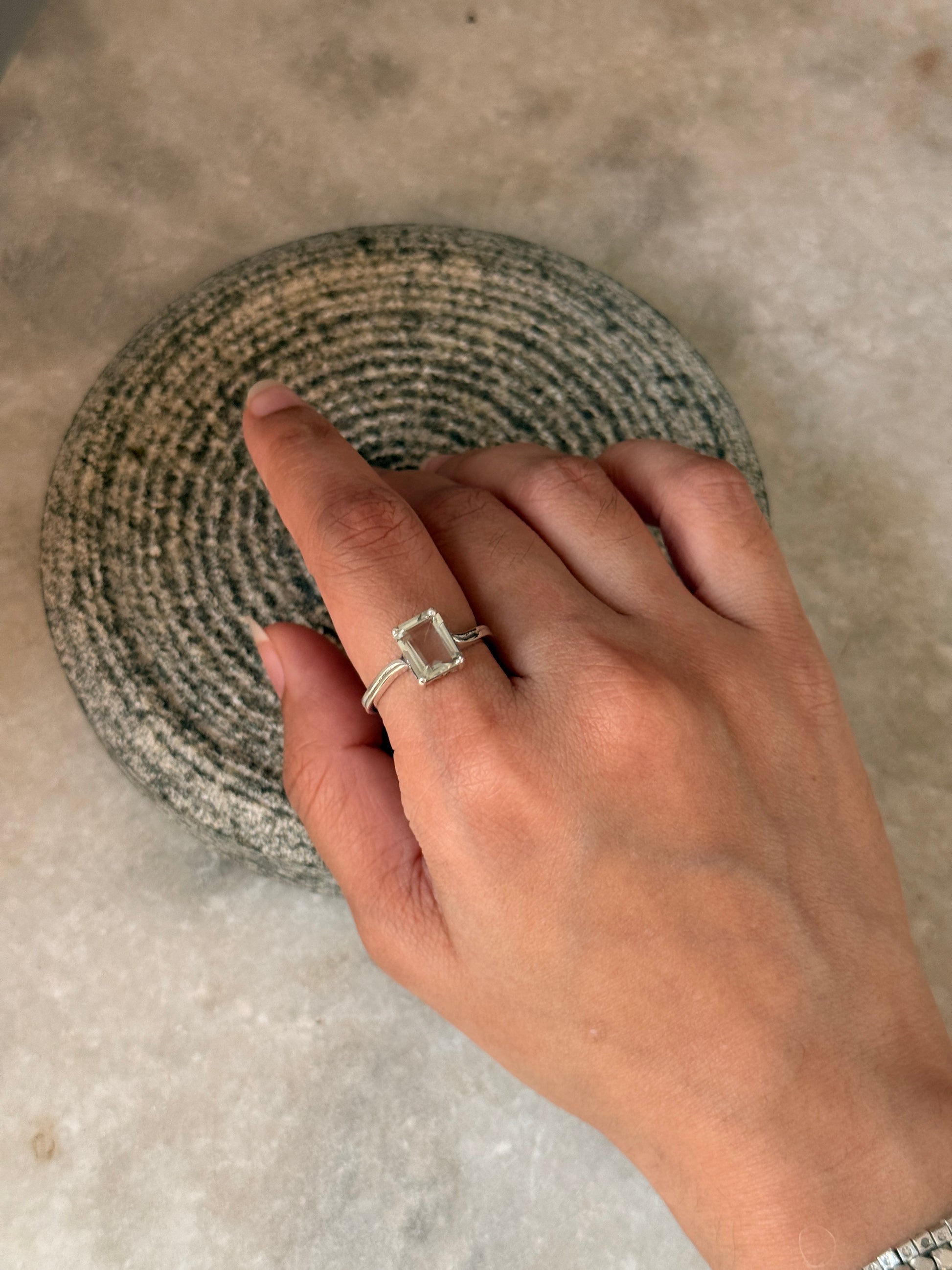 Natural green amethyst rectangular gemstone 925 sterling silver ring  