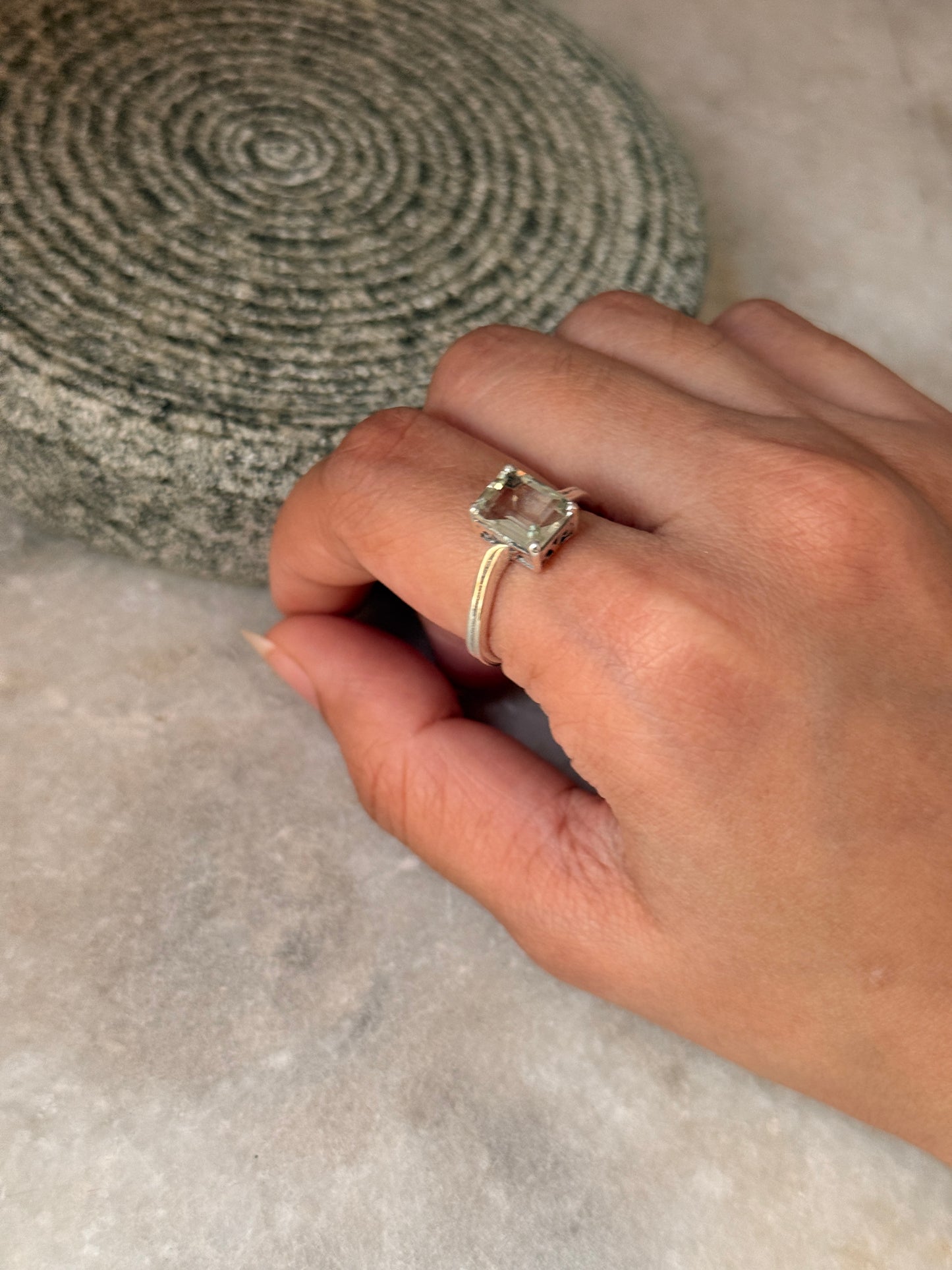 Green amethyst rectangular cut ring in 925 sterling silver