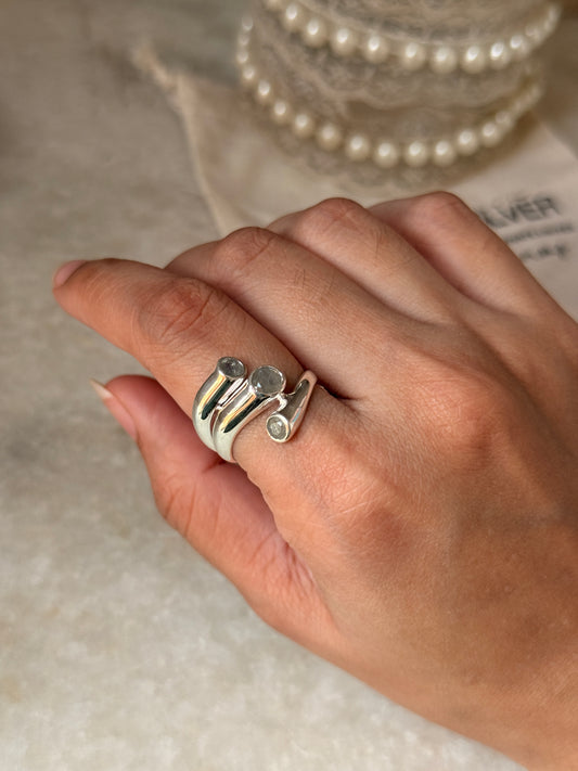 Classic 925 sterling silver labradorite 3 stone statement ring