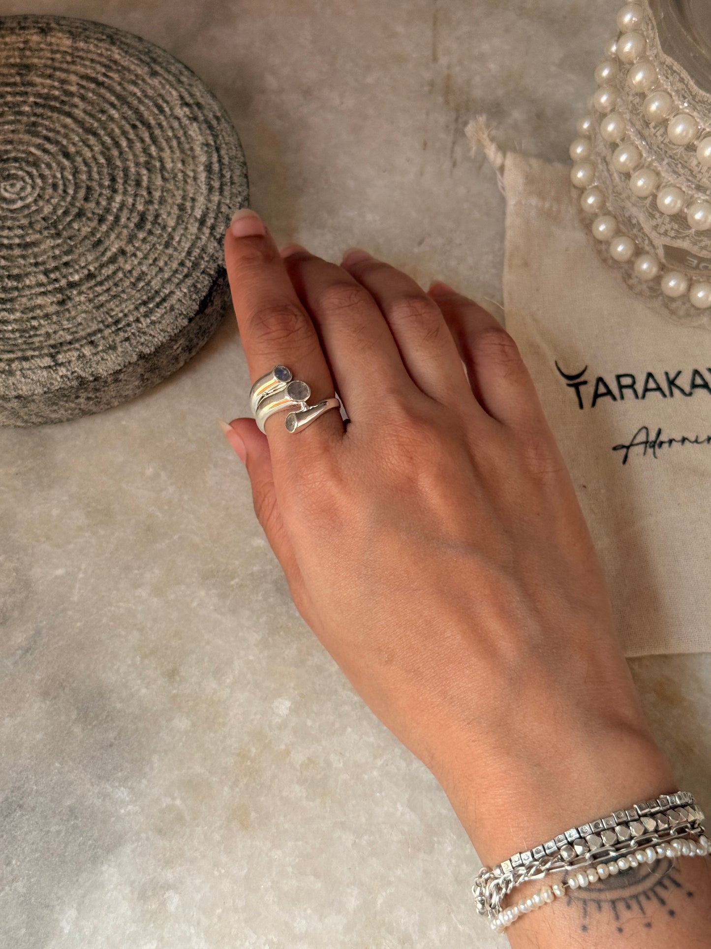 Natural labradorite three stone gemstone 925 sterling silver ring  