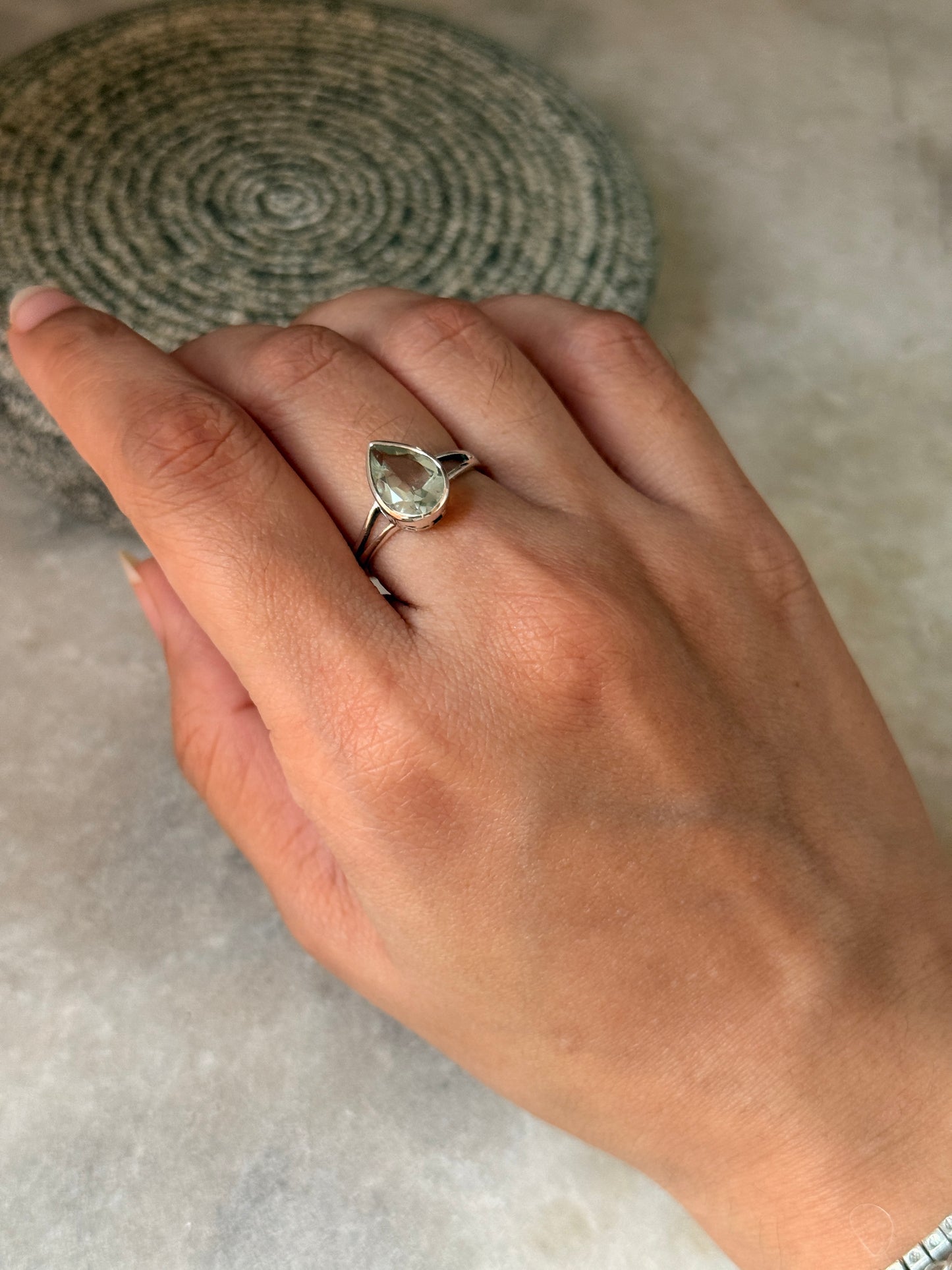 vintage-inspired green amethyst pear 925 sterling silver ring  