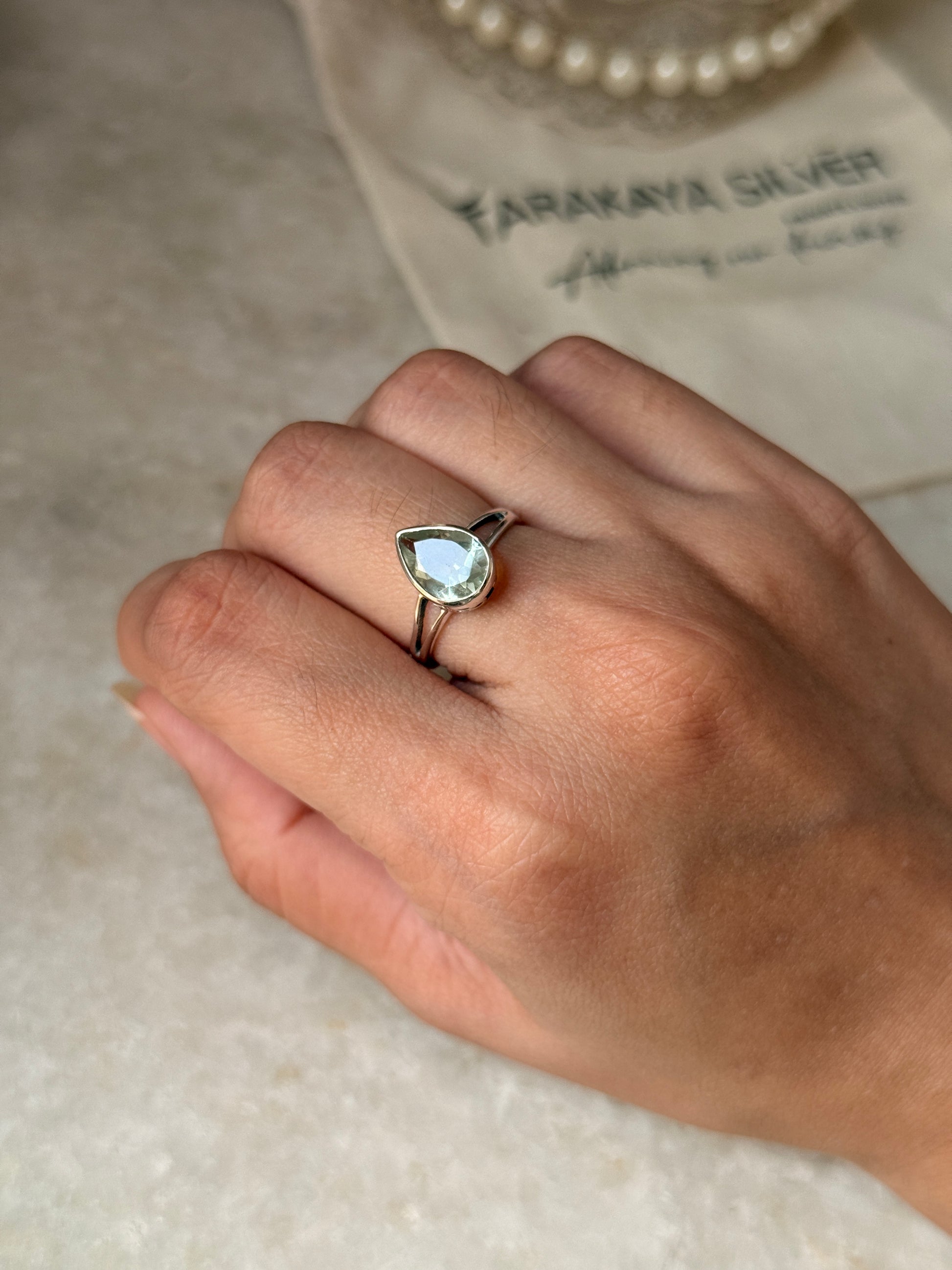 elegant green amethyst pear 925 sterling silver ring  