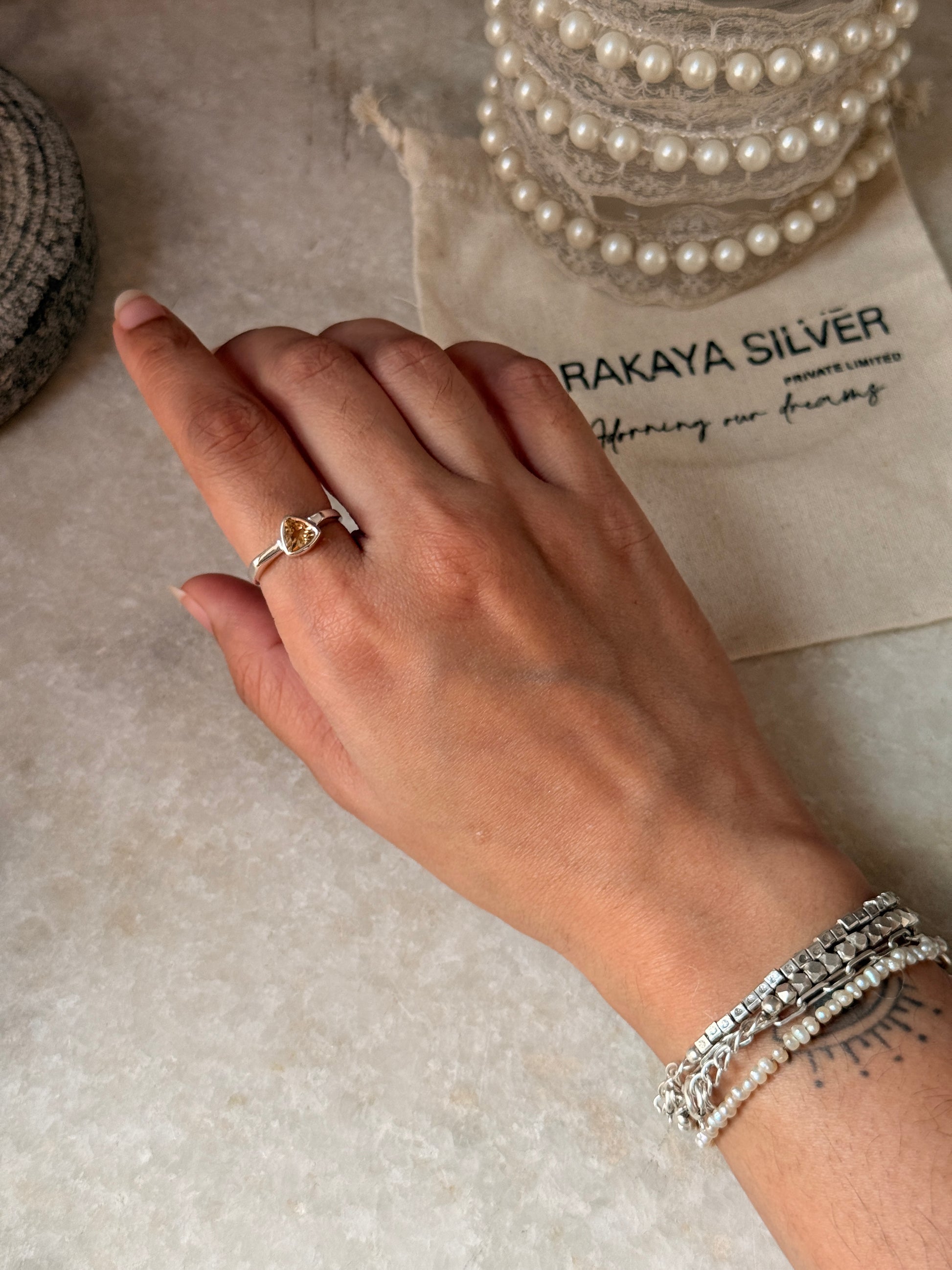 Natural citrine triangle gemstone 925 sterling silver ring  