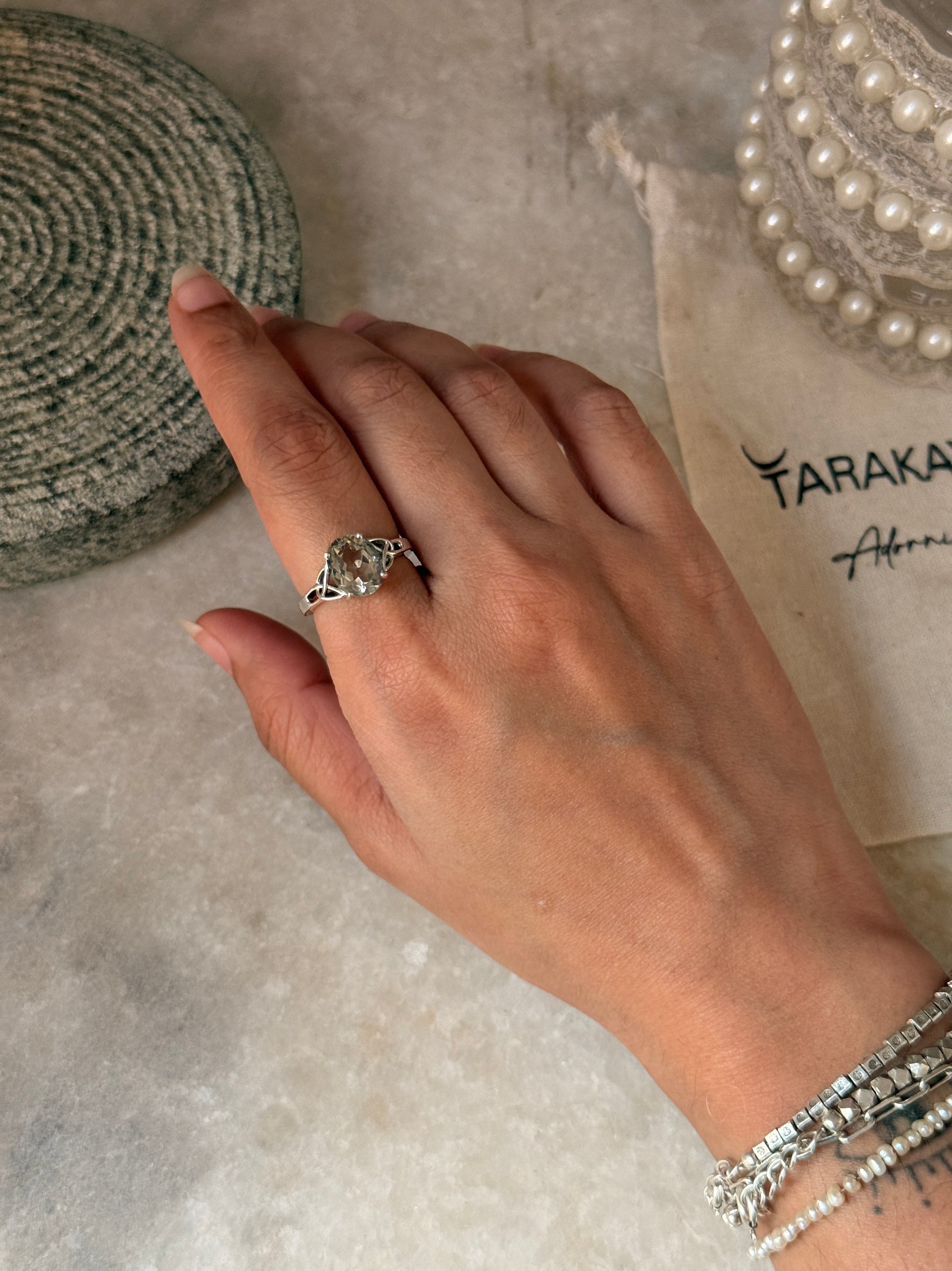 Artisan crafted green amethyst oval celtic knot 925 sterling silver ring  