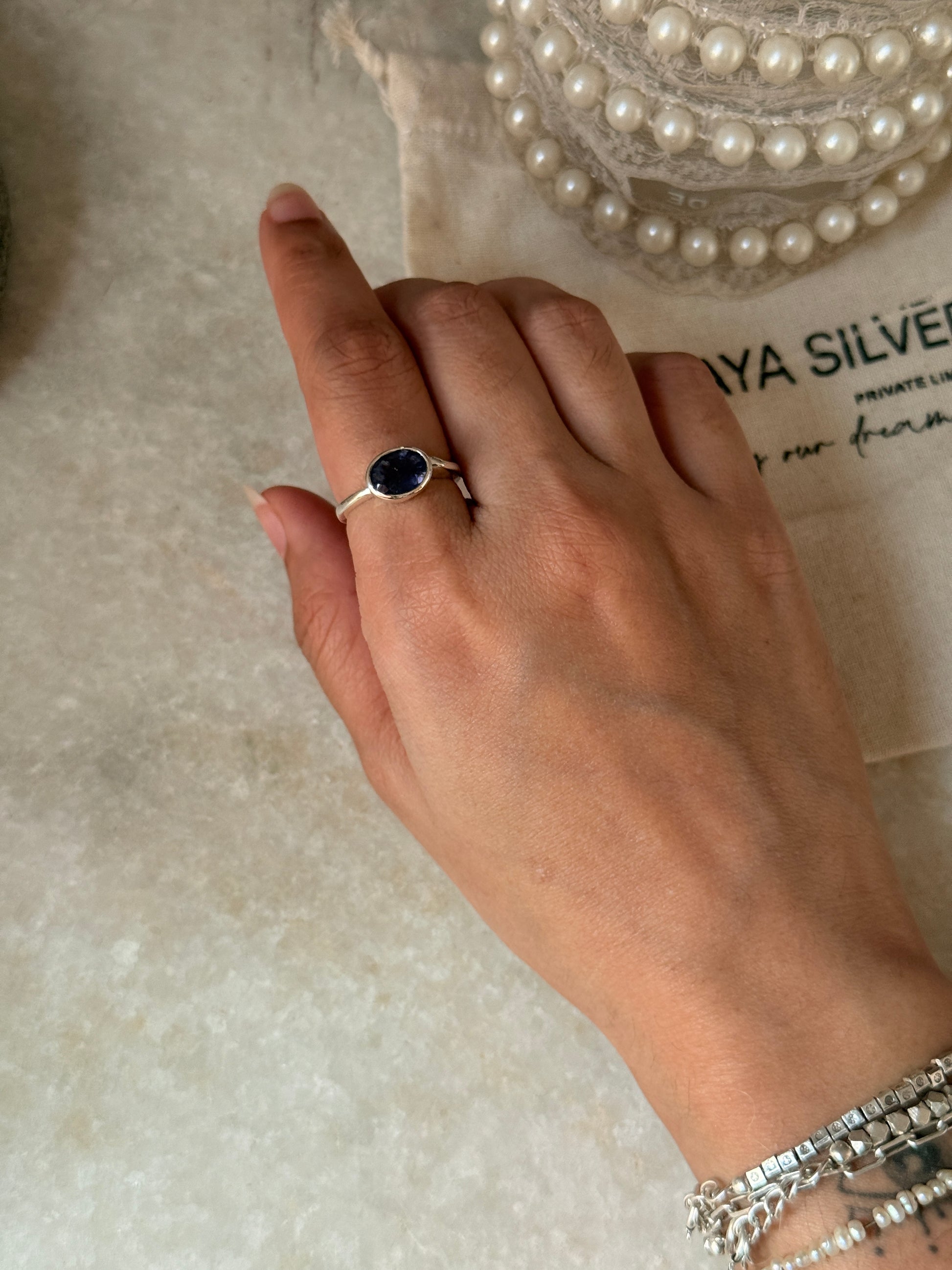 Handcrafted 925 sterling silver iolite oval ring  