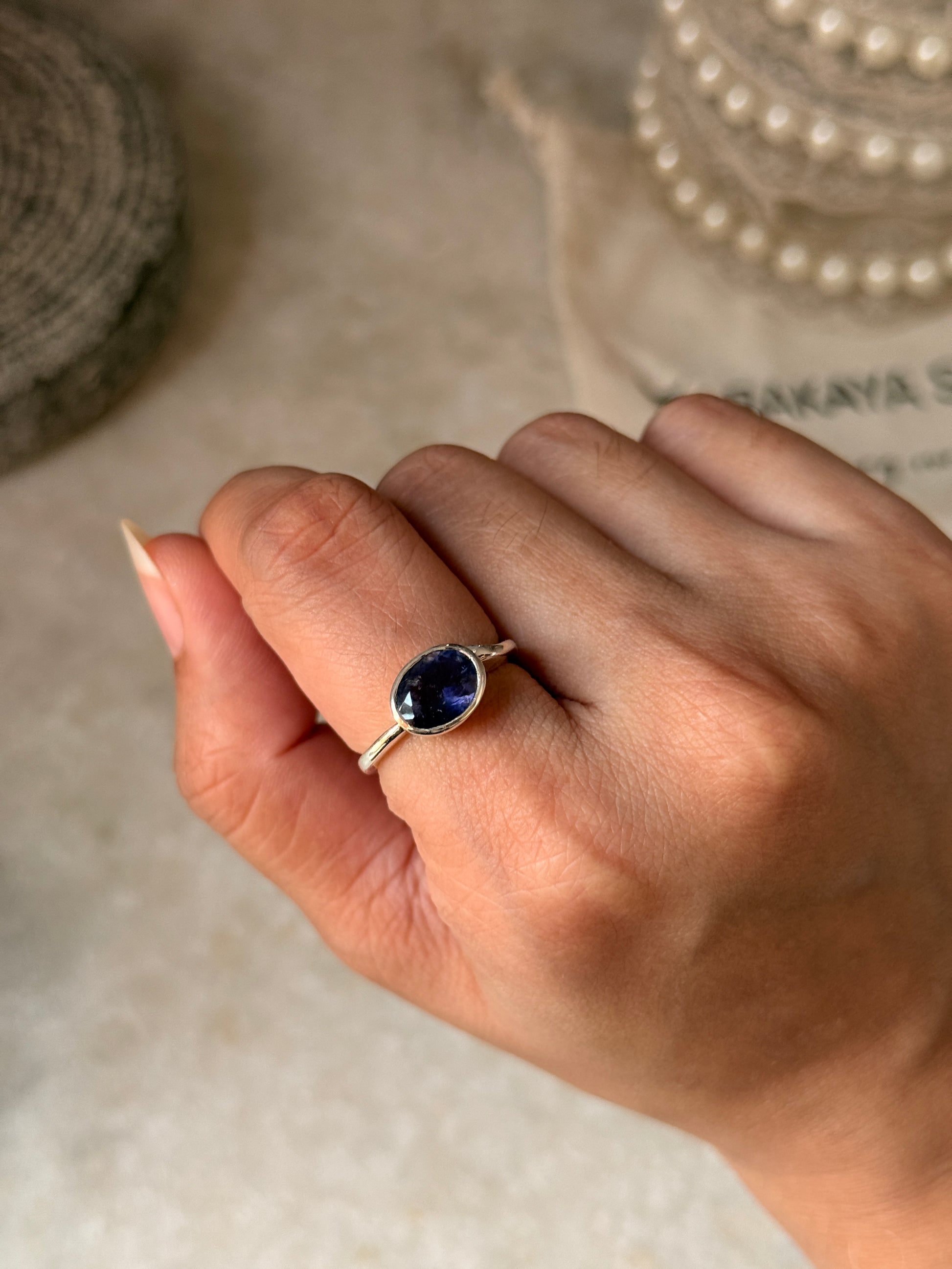 925 Sterling silver artisan ring with oval iolite stone 