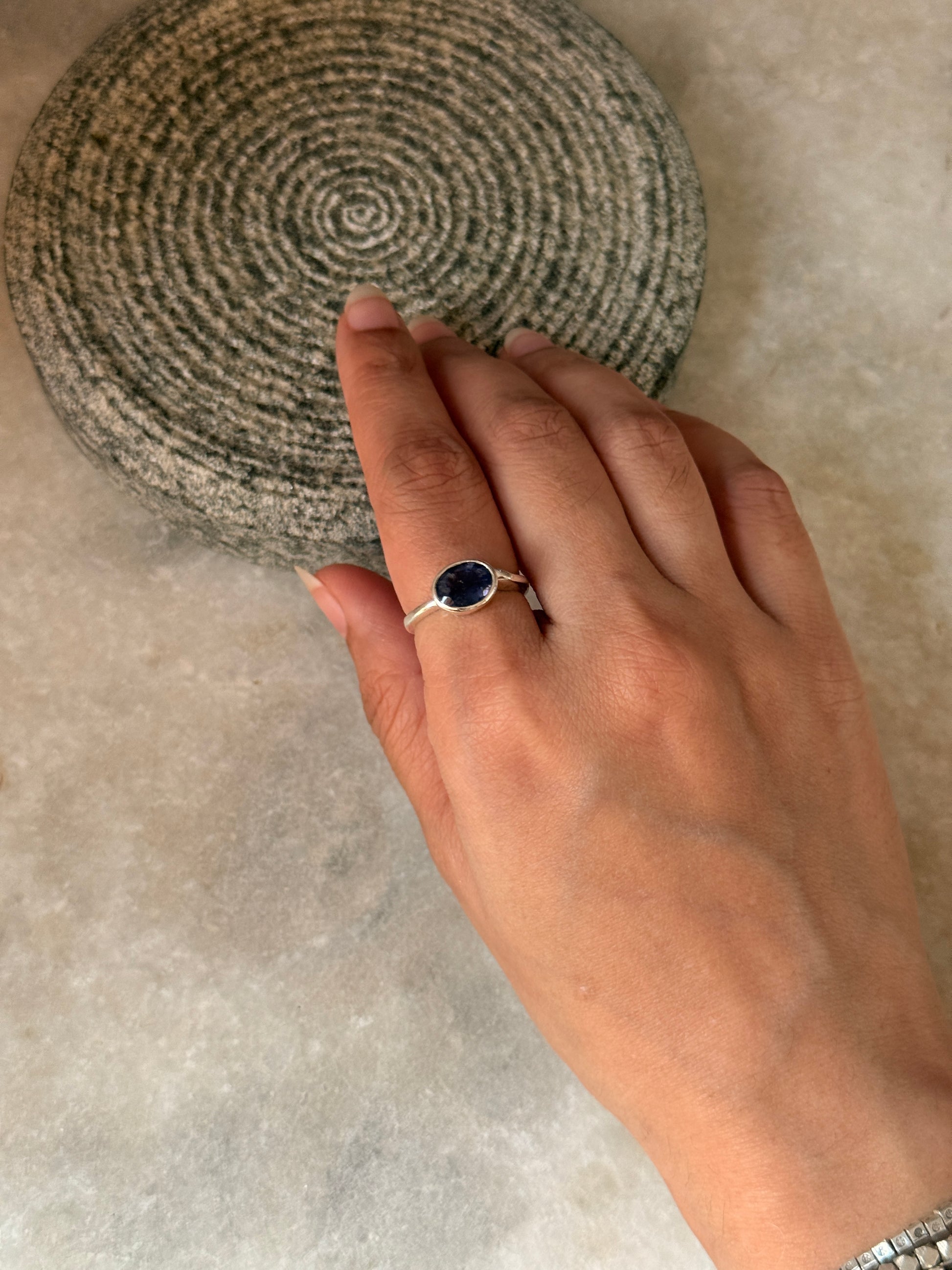 Minimalist iolite oval gemstone ring 925 sterling silver