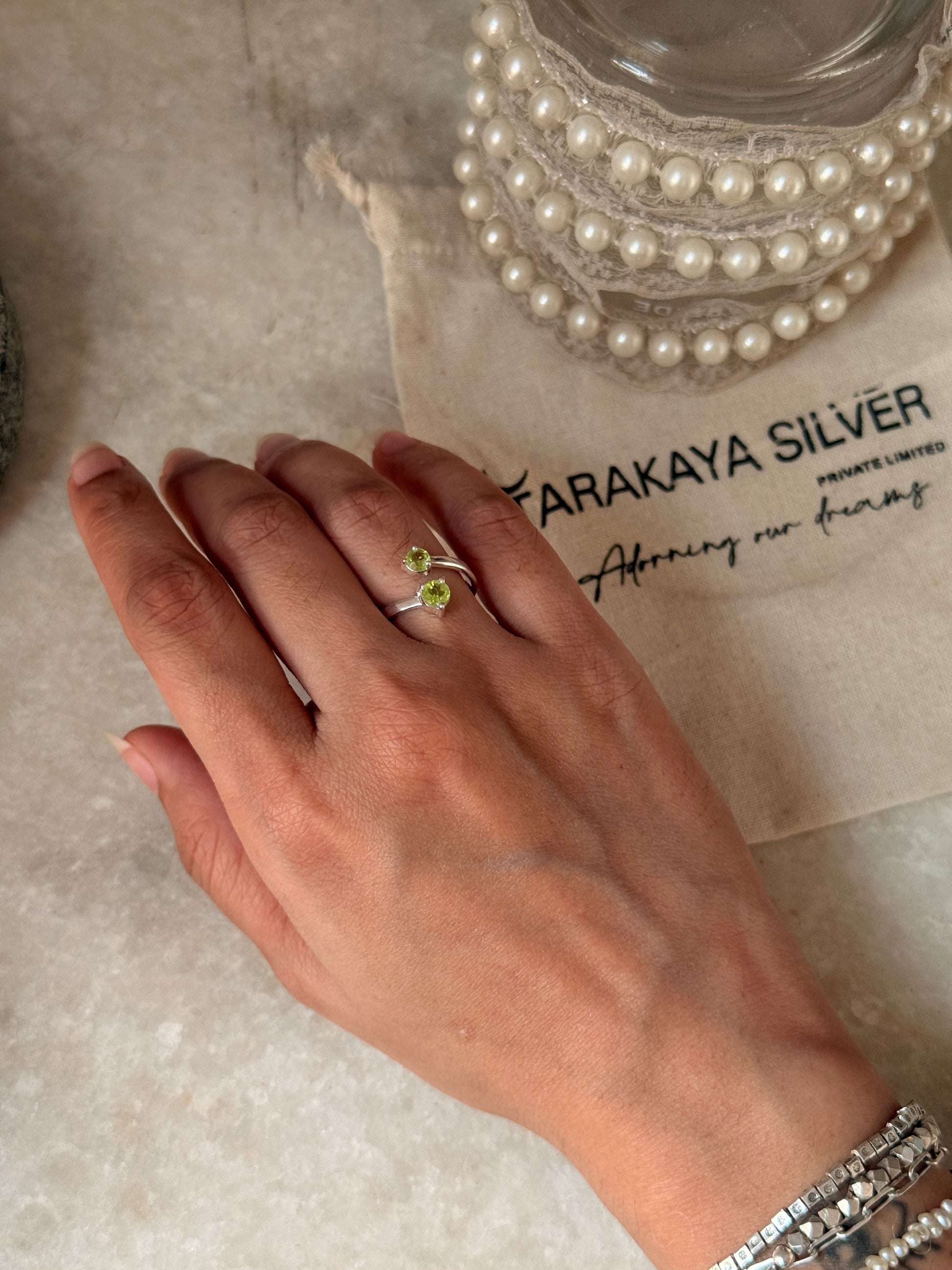 unique 925 sterling silver peridot double stone adjustable ring