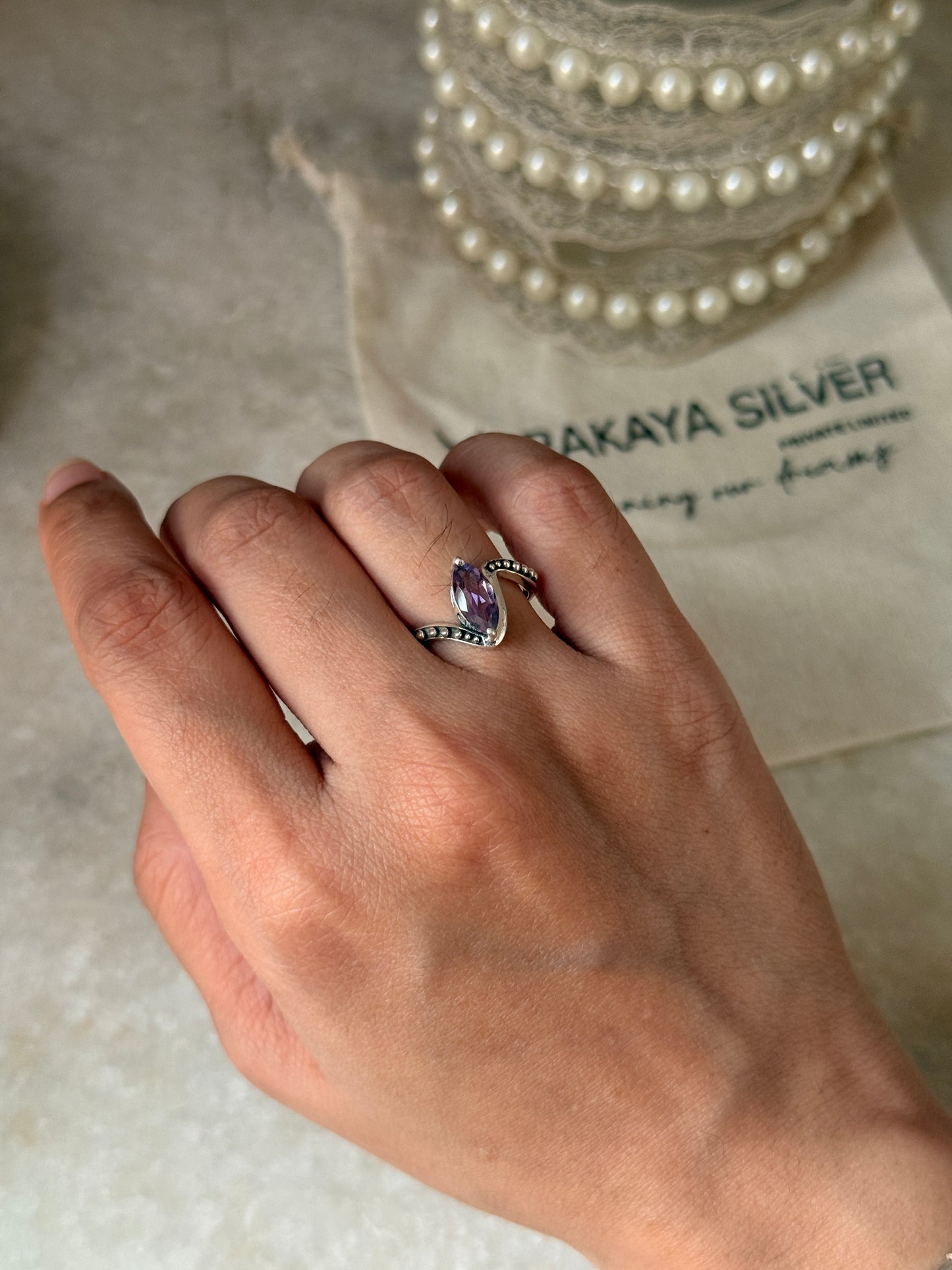 Amethyst marquise cut rawa band ring in 925 sterling silver