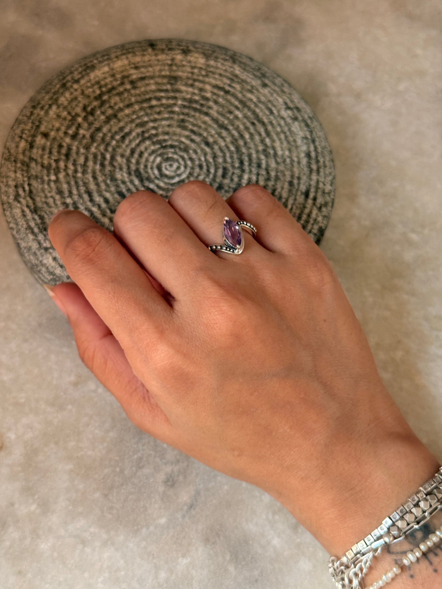 Boho style 925 sterling silver amethyst marquise band ring  