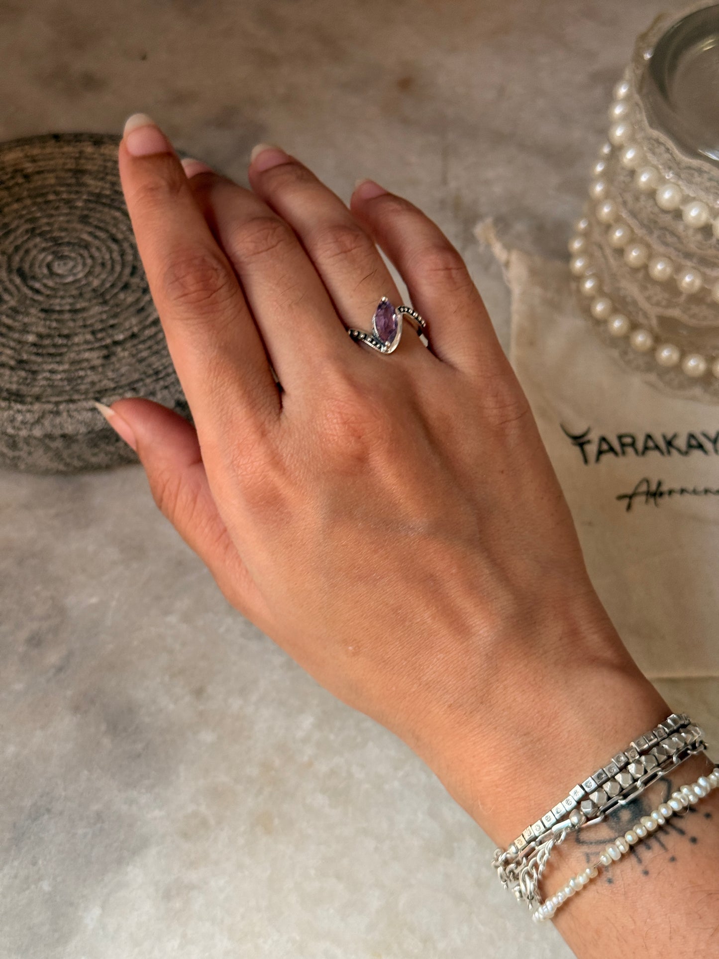 Handmade 925 sterling silver amethyst marquise rawa ring
