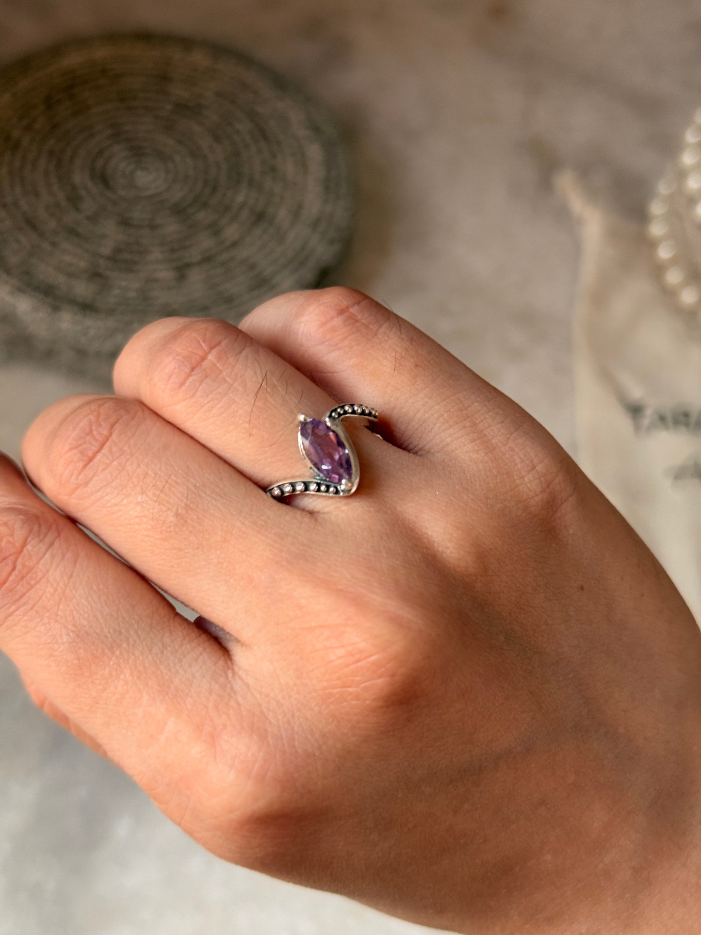 Textured rawa band 925 sterling silver ring with marquise amethyst gemstone  