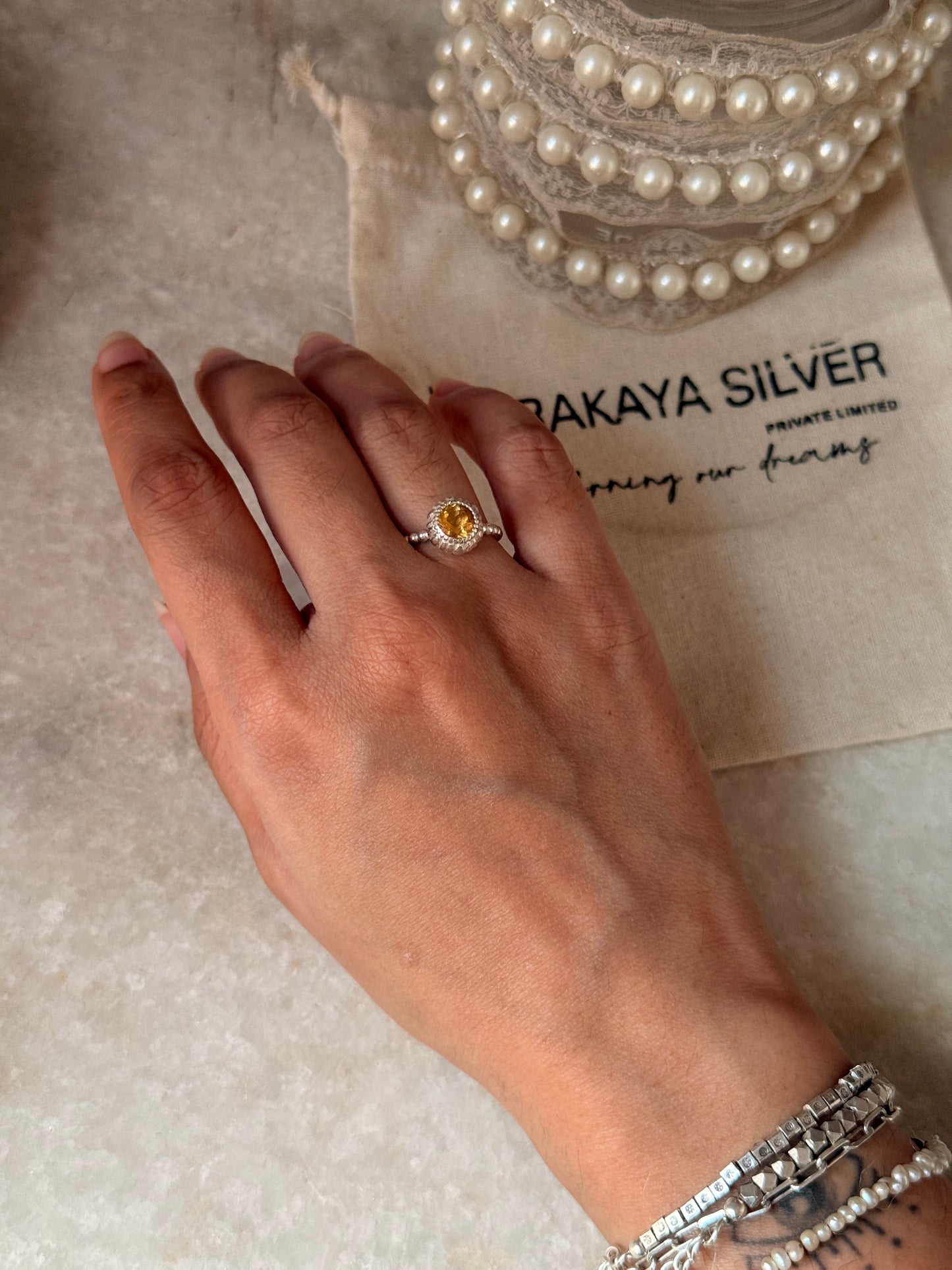 Statement 925 sterling silver citrine round dot band ring  