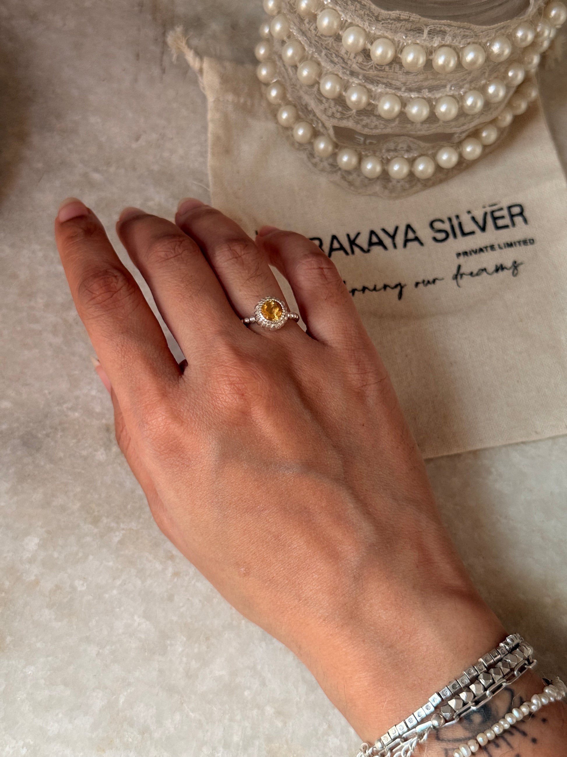 Statement 925 sterling silver citrine round dot band ring  