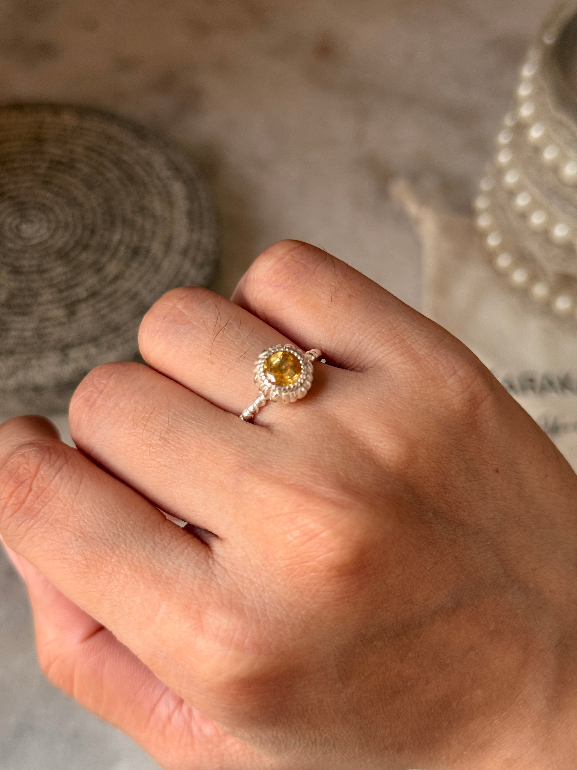 925 sterling silver citrine round cut dot band ring