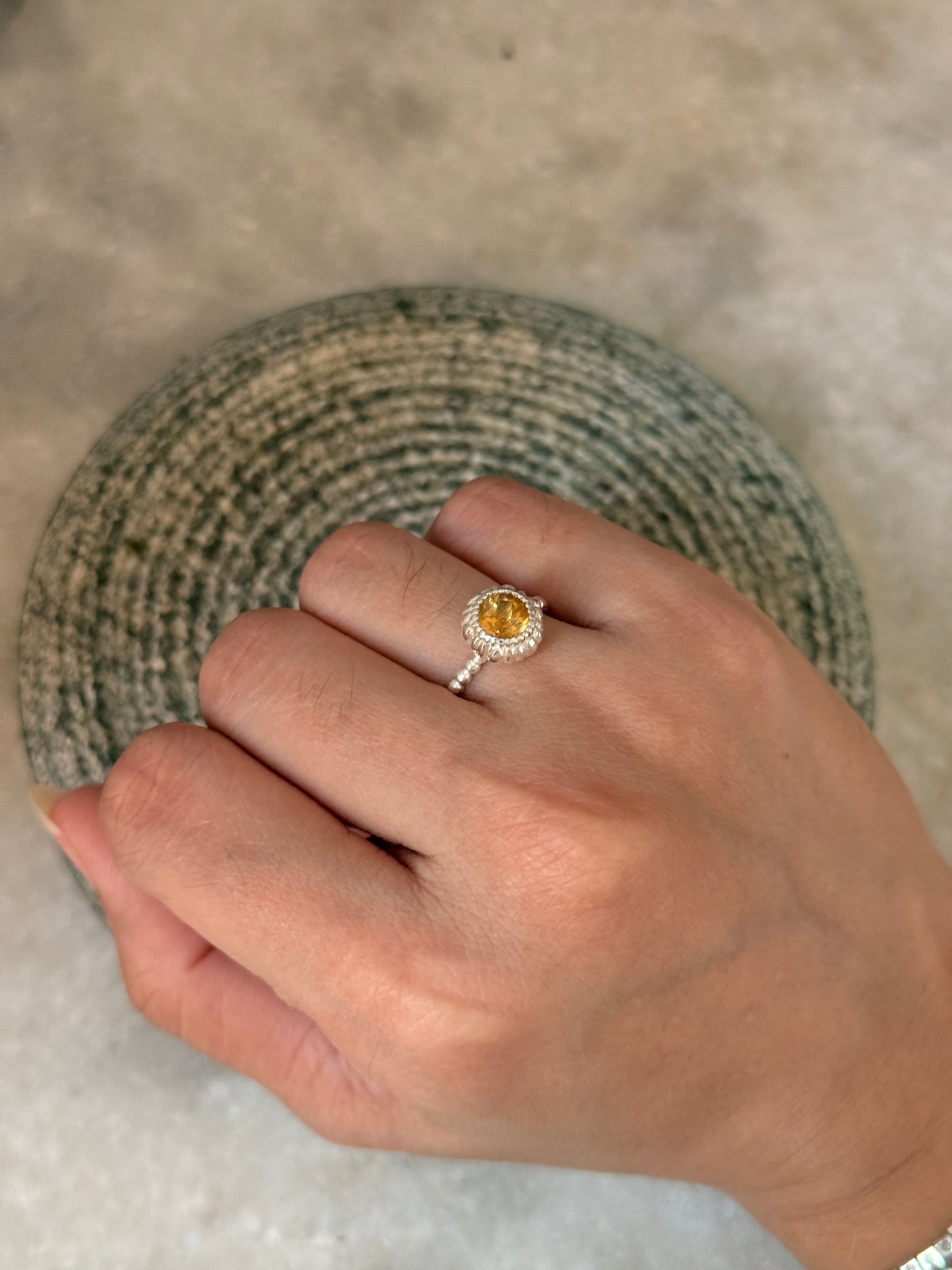 925 Sterling silver citrine round dot band gemstone ring