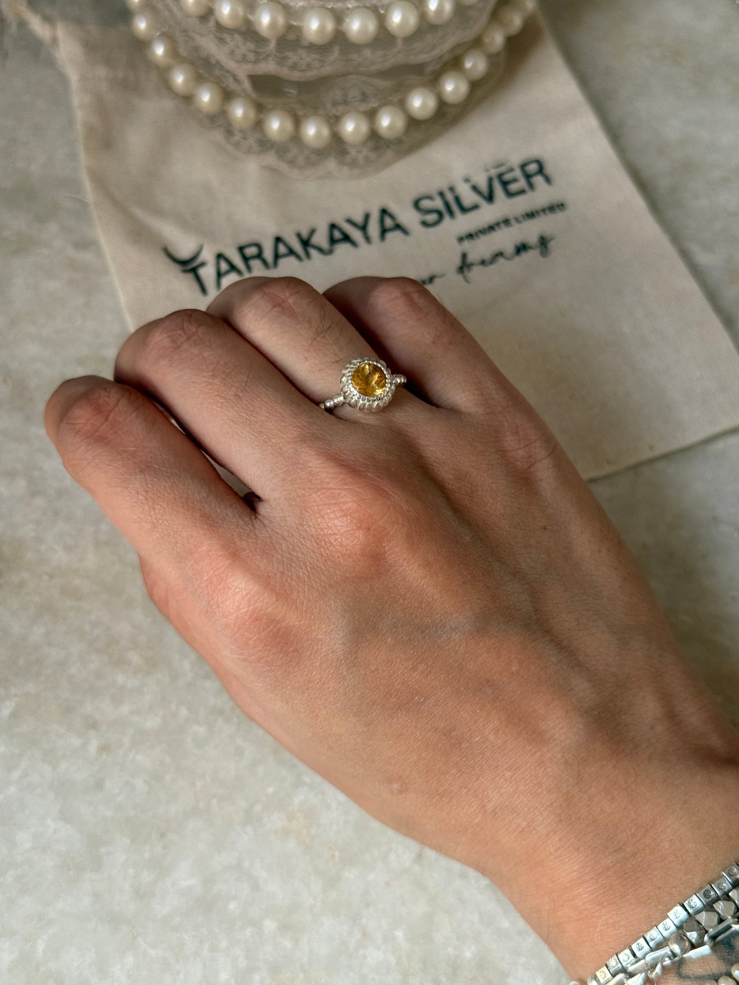 Minimalist citrine round gemstone dot band ring in 925 Sterling silver