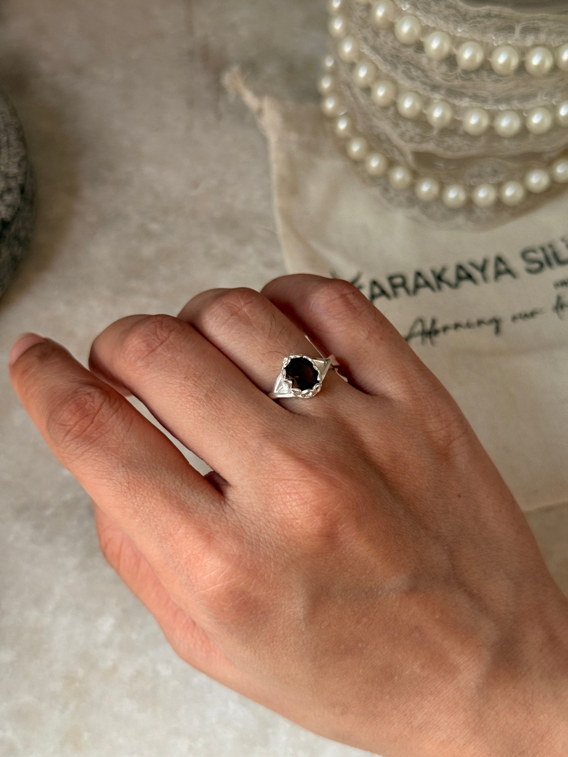 boho style 925 sterling silver smokey quartz oval ring