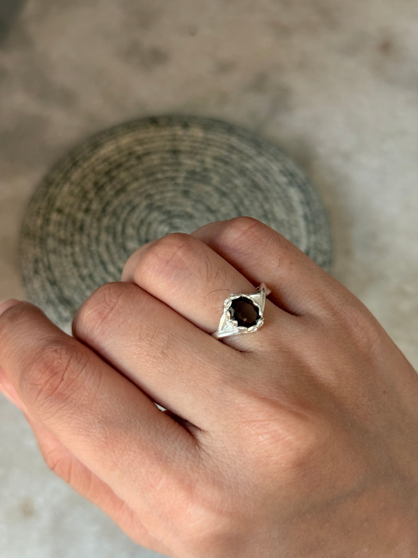 artisan 925 sterling silver smokey quartz oval ring  