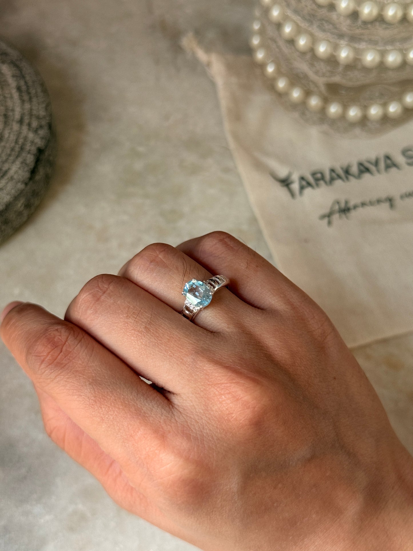 Natural blue topaz oval gemstone adjustable 925 sterling silver ring  