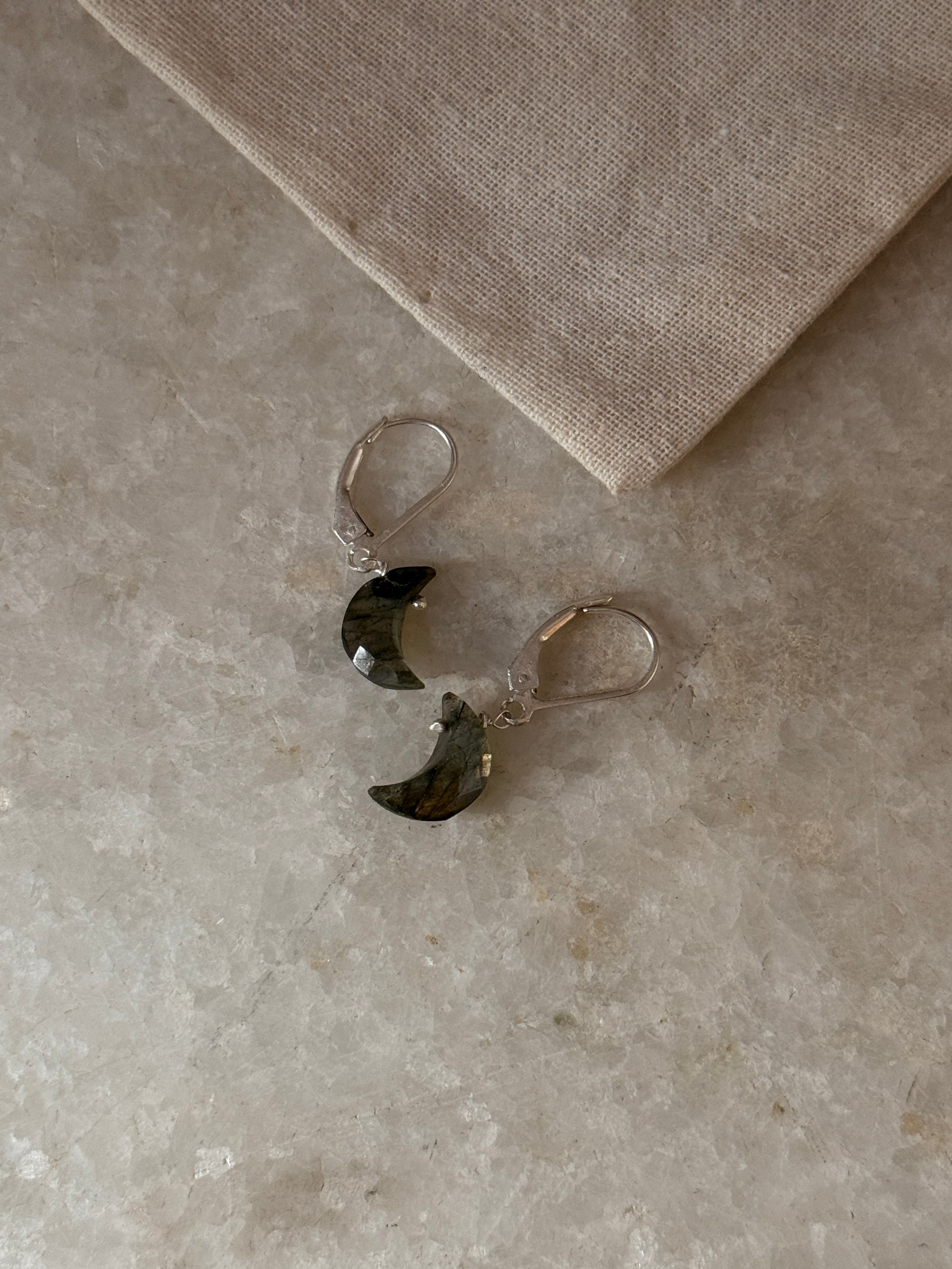 925 Sterling Silver Labradorite Moon Lever Back Earrings close-up  
