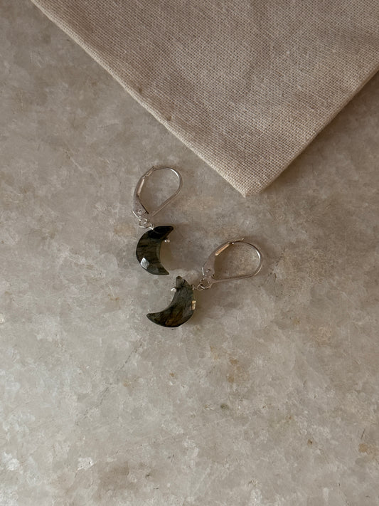 925 Sterling Silver Labradorite Moon Lever Back Earrings close-up  