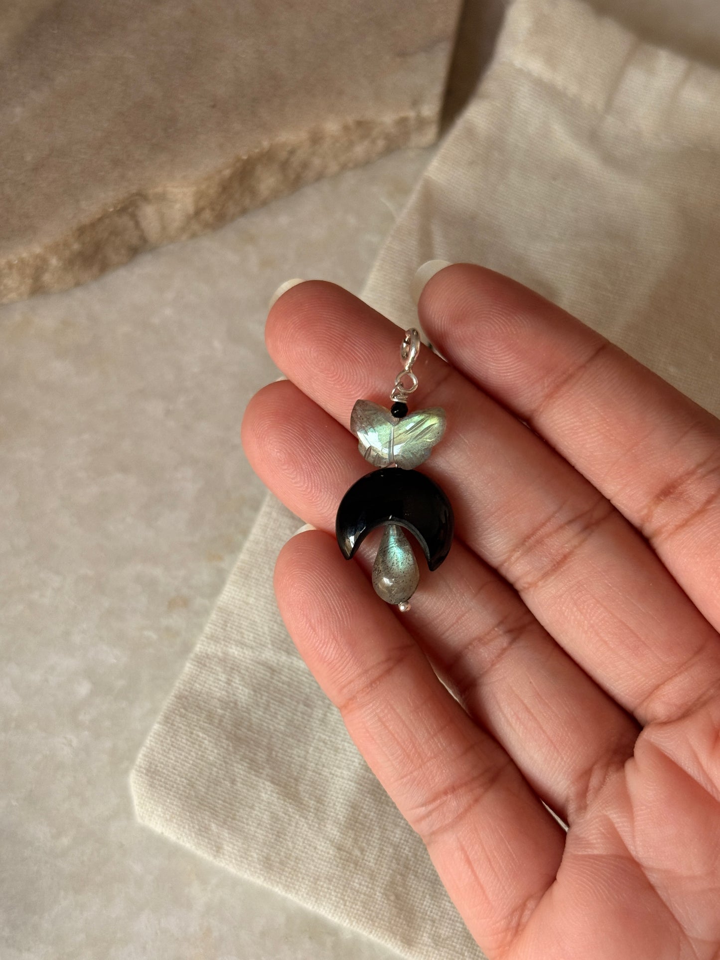 925 Sterling Silver Labradorite Moon Lever Back Earrings close-up  