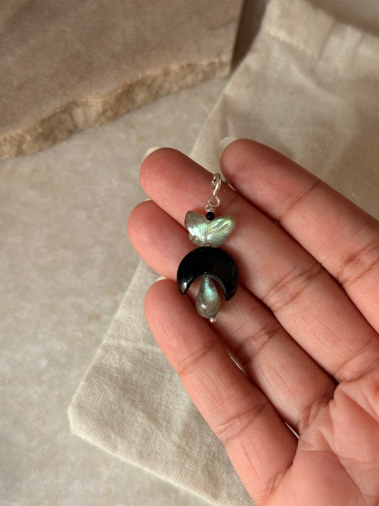 925 Sterling Silver Labradorite Moon Lever Back Earrings close-up  