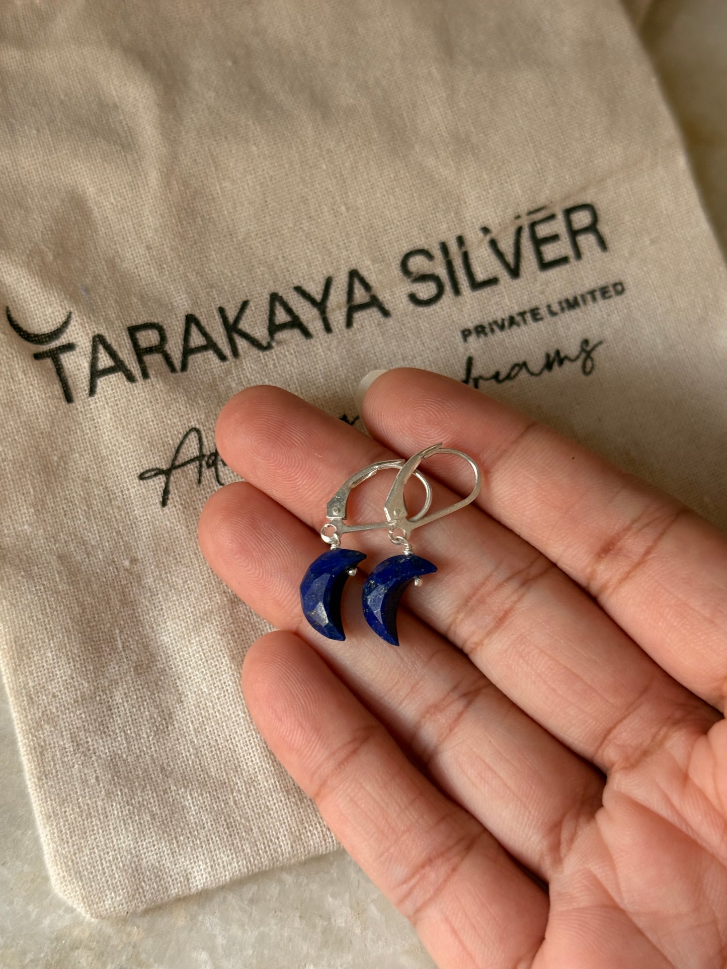 925 Sterling Silver Lapis Lazuli Moon Lever Back Earrings close-up  