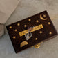 925 Sterling Silver Amethyst, Clear Quartz Moon & Moonstone Charms on decorative wooden box.