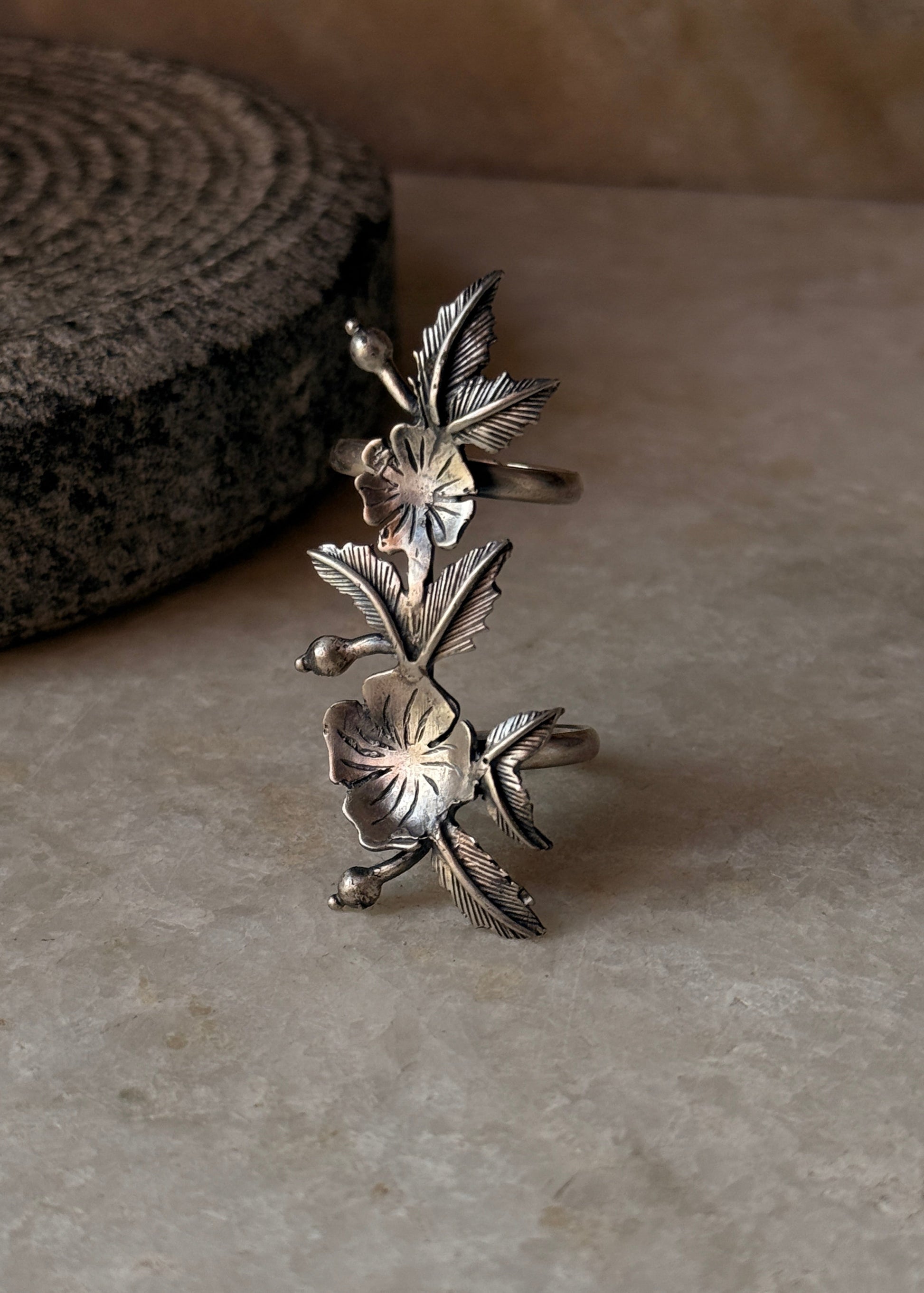 925 sterling silver flower leaf double band adjustable ring  