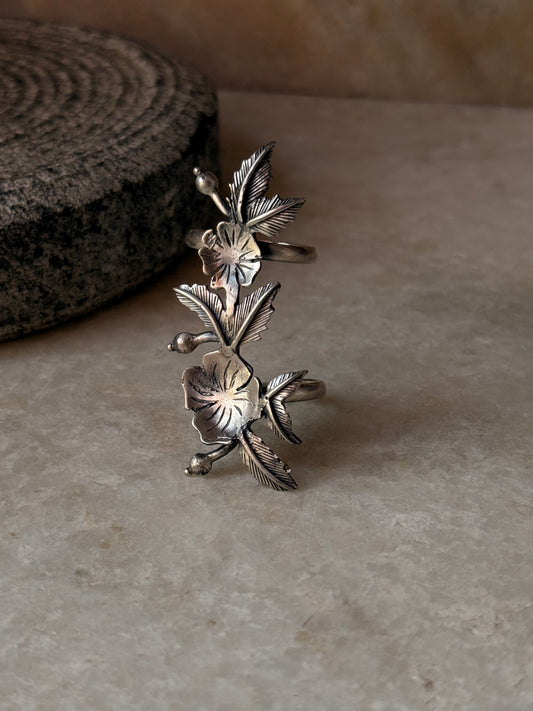 925 sterling silver flower leaf double band adjustable ring  