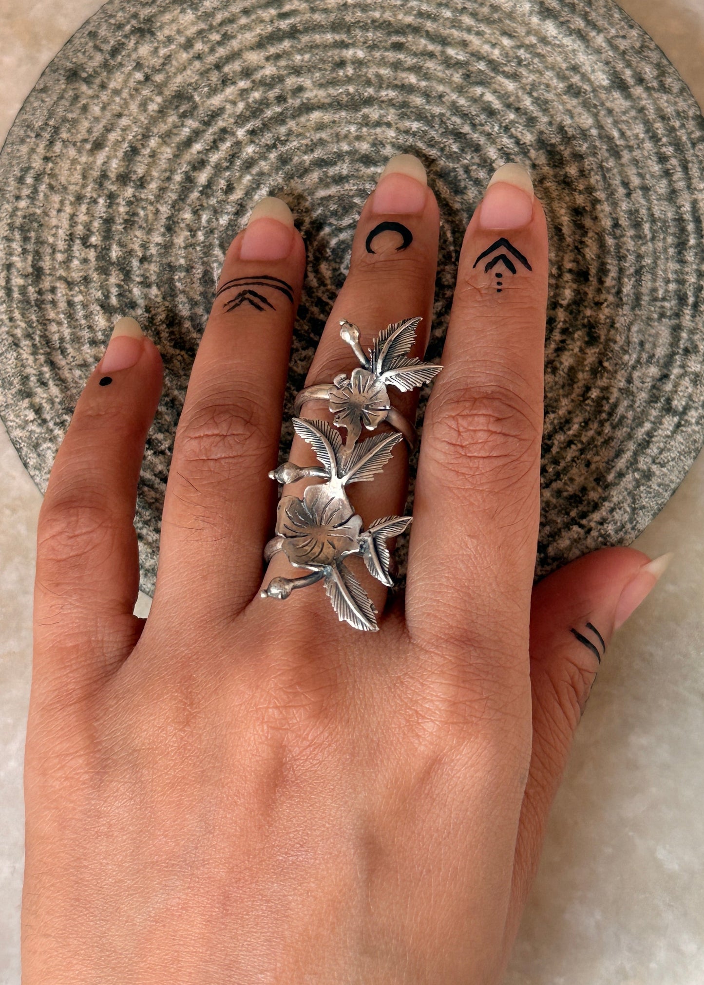 floral leaf design 925 sterling silver adjustable double band ring  