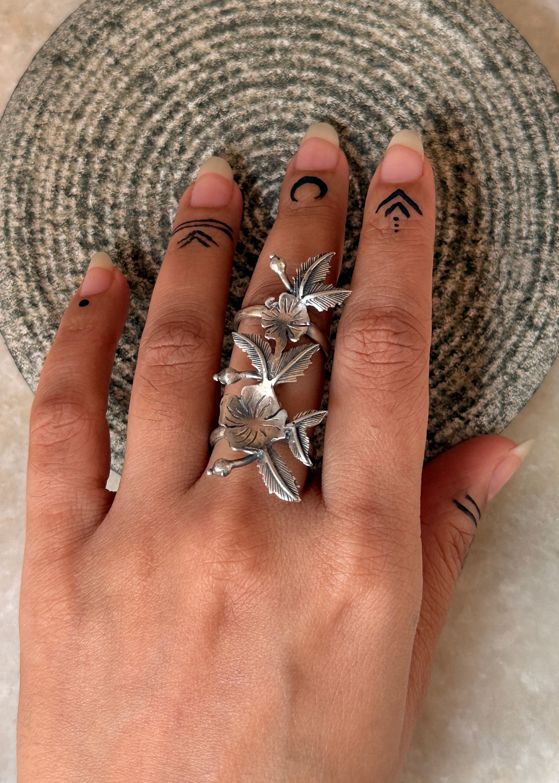 floral leaf design 925 sterling silver adjustable double band ring  
