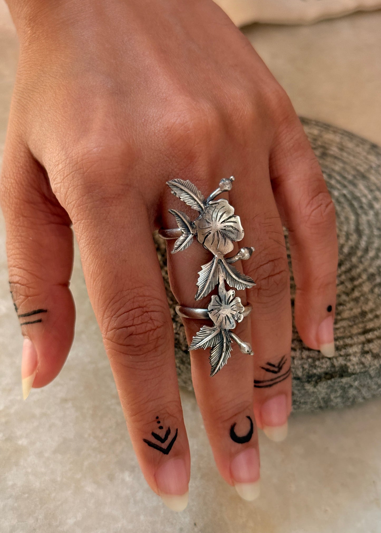 handcrafted 925 sterling silver flower leaf double band ring
