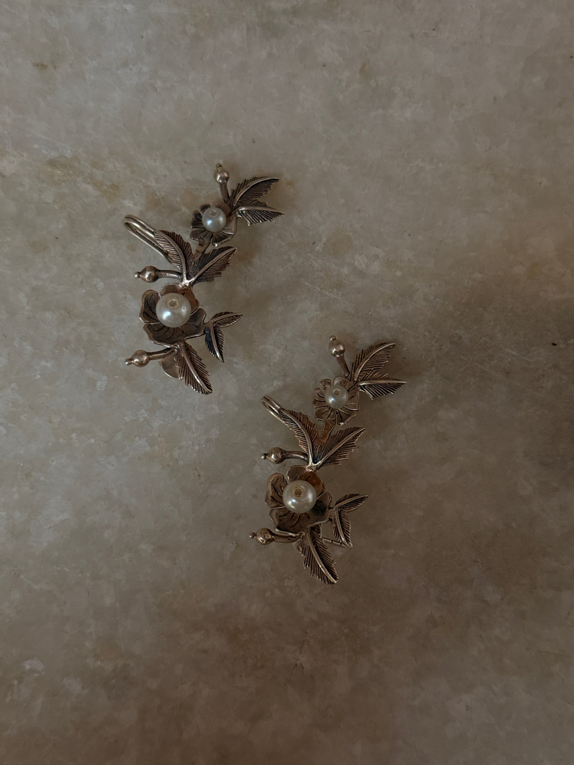 boho style 925 sterling silver pearl floral leaf studs