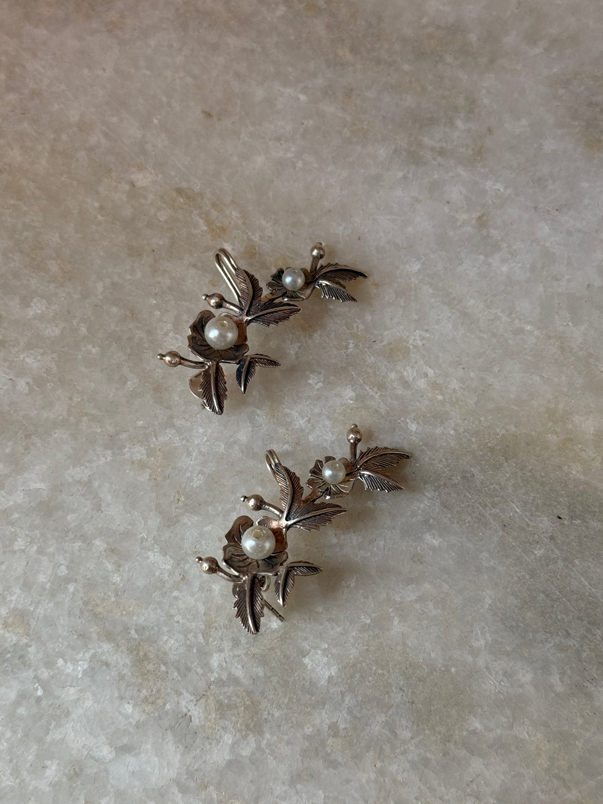 natural pearl flower leaf 925 sterling silver stud earrings  