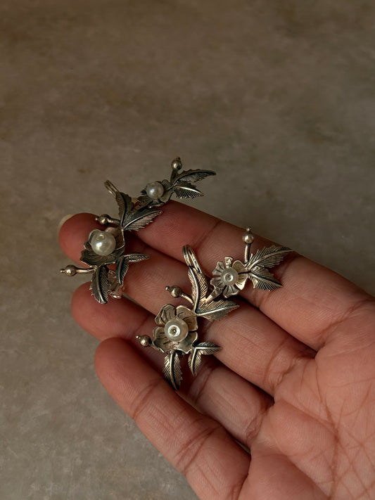 925 sterling silver pearl flower leaf stud earrings  
