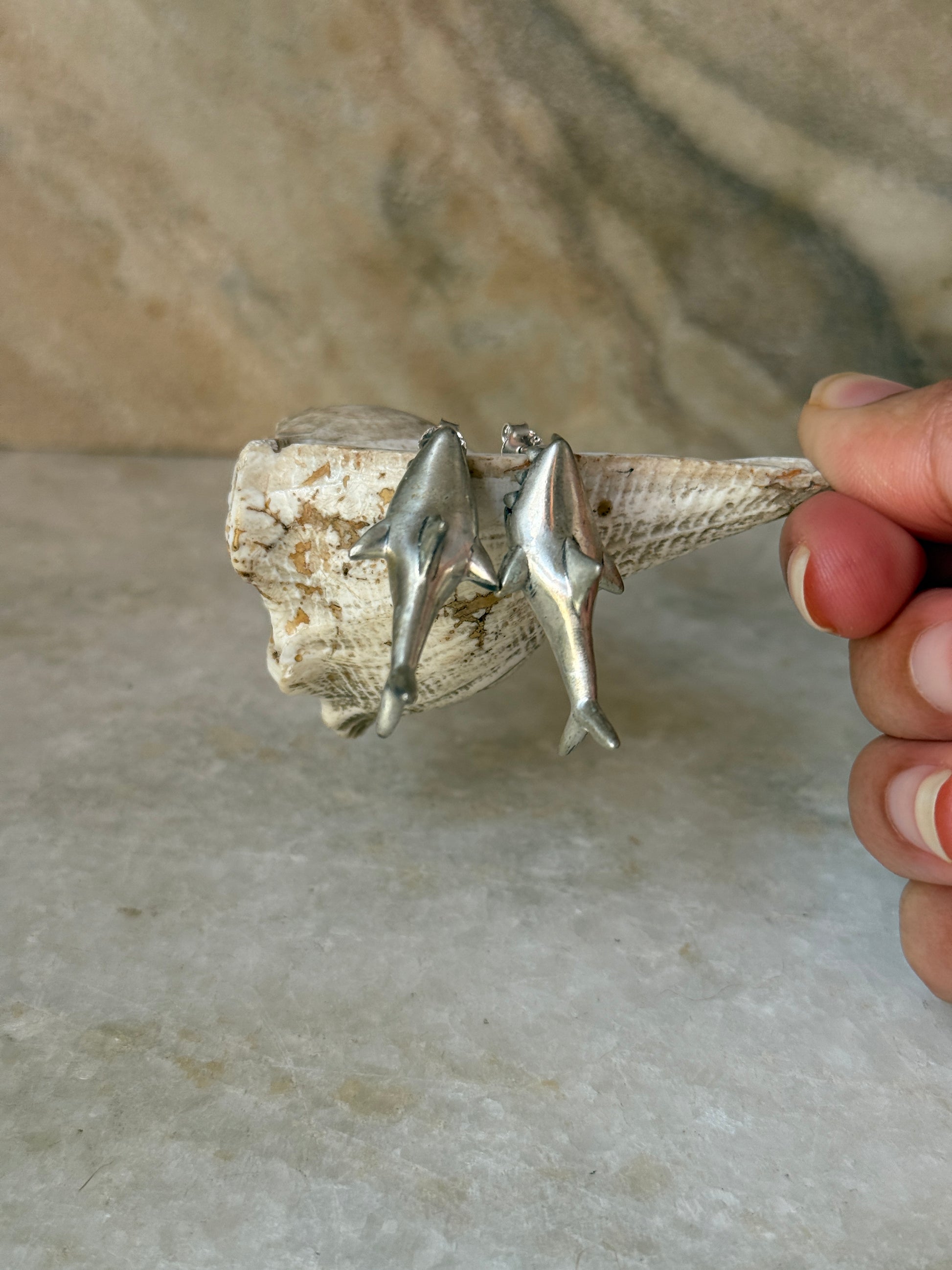 ocean-inspired shark 925 sterling silver stud earrings  