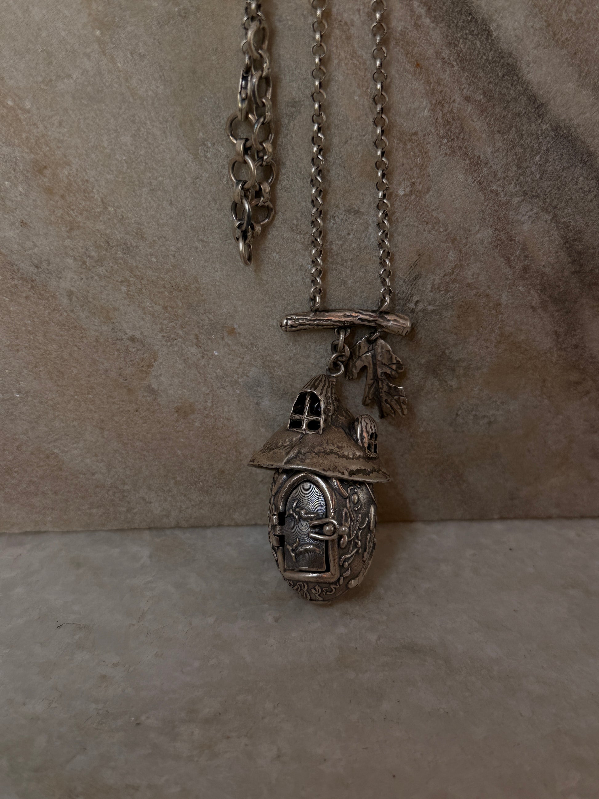 925 sterling silver tree house openable door necklace  