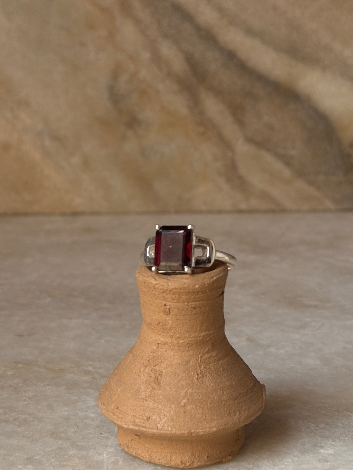 Natural garnet rectangular gemstone 925 sterling silver ring