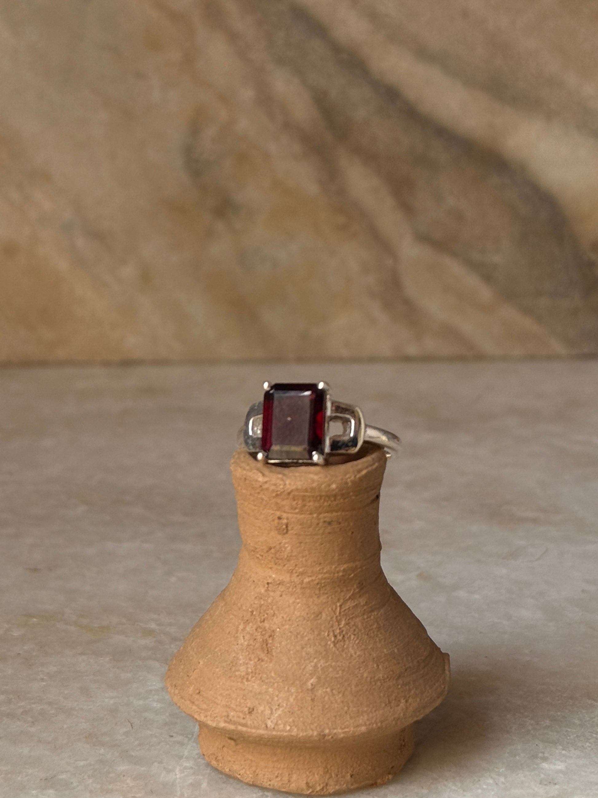 Natural garnet rectangular gemstone 925 sterling silver ring