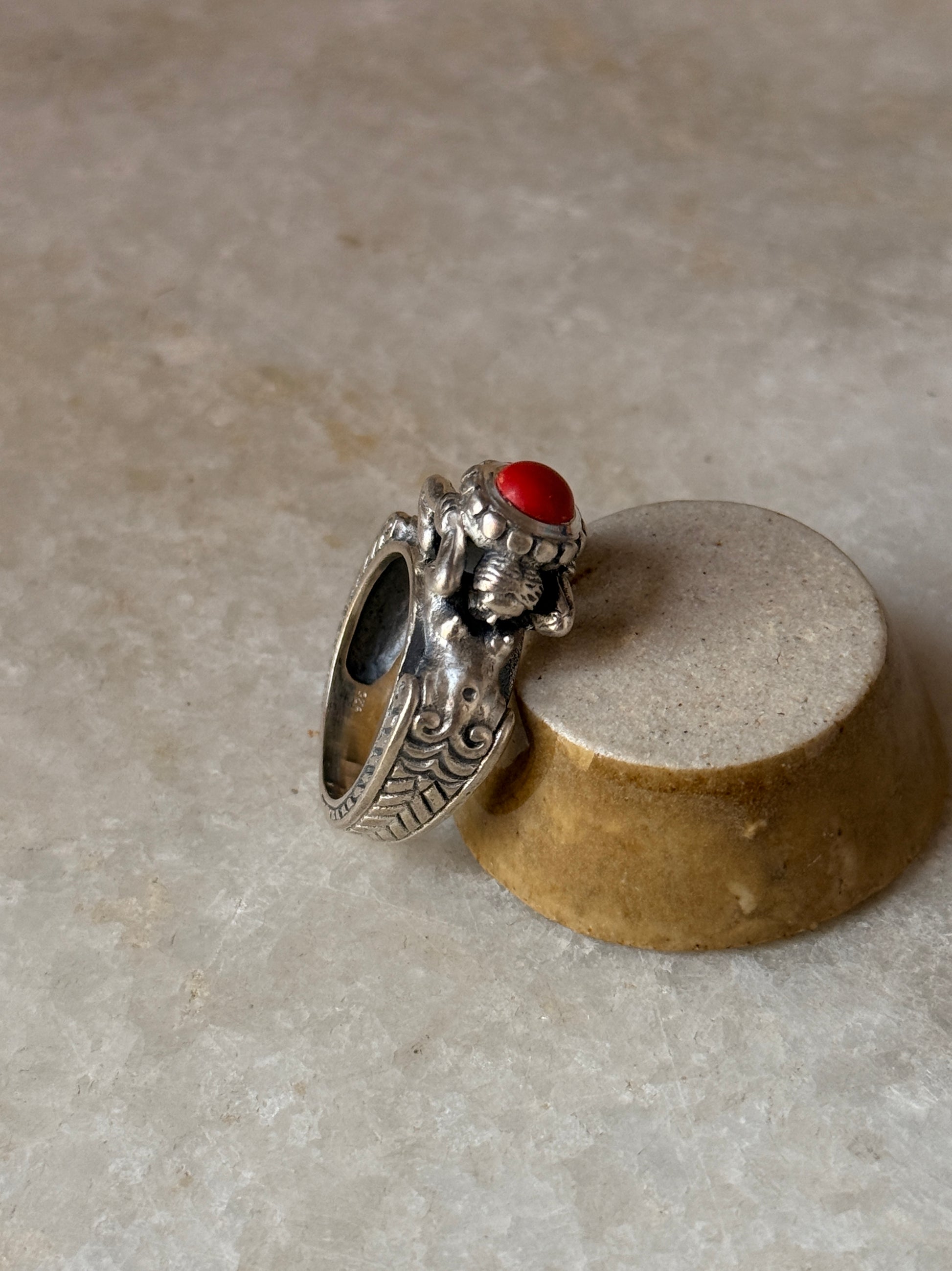 handcrafted 925 sterling silver twin sirens coral ring