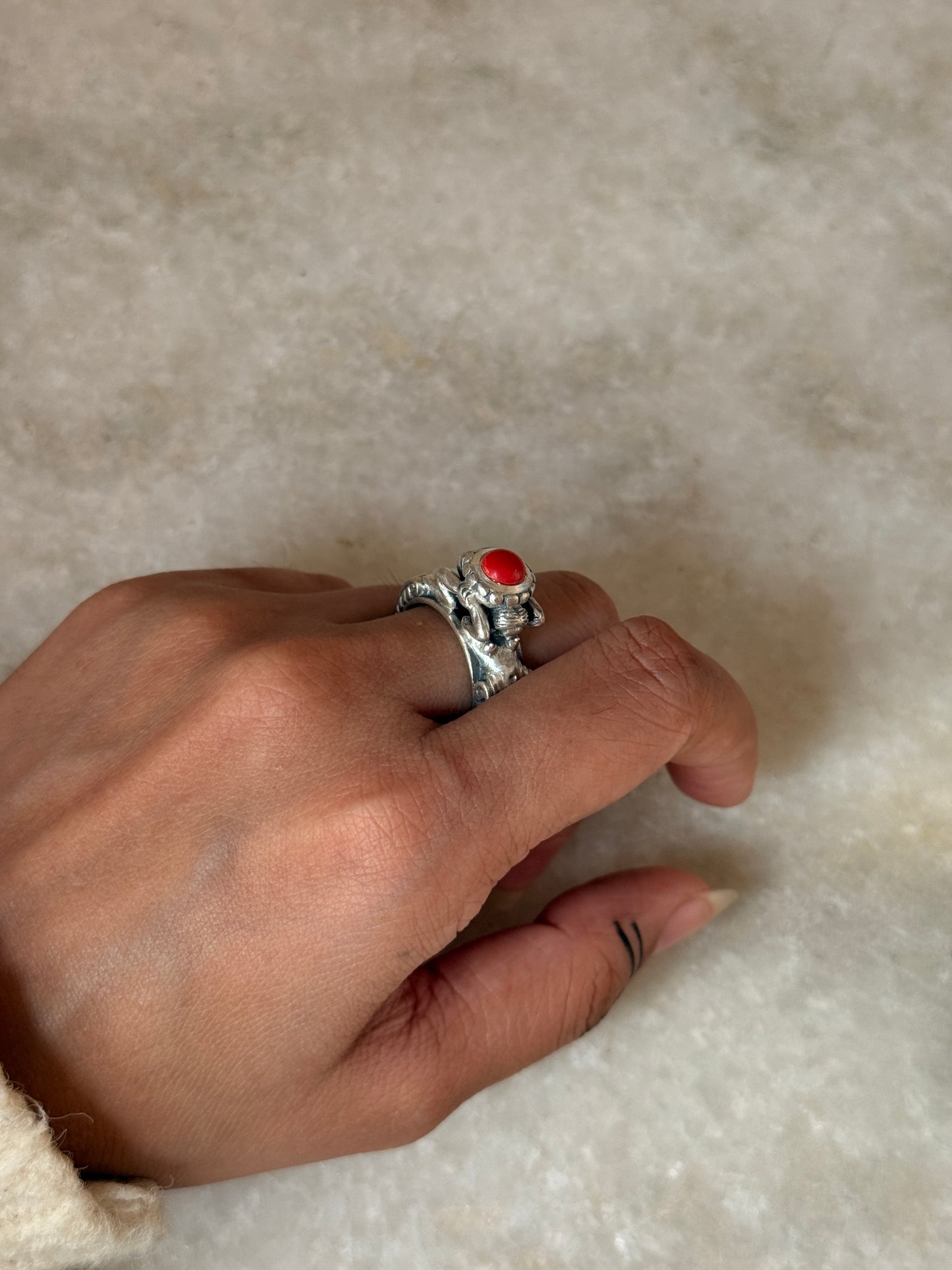 adjustable 925 sterling silver twin sirens coral ring