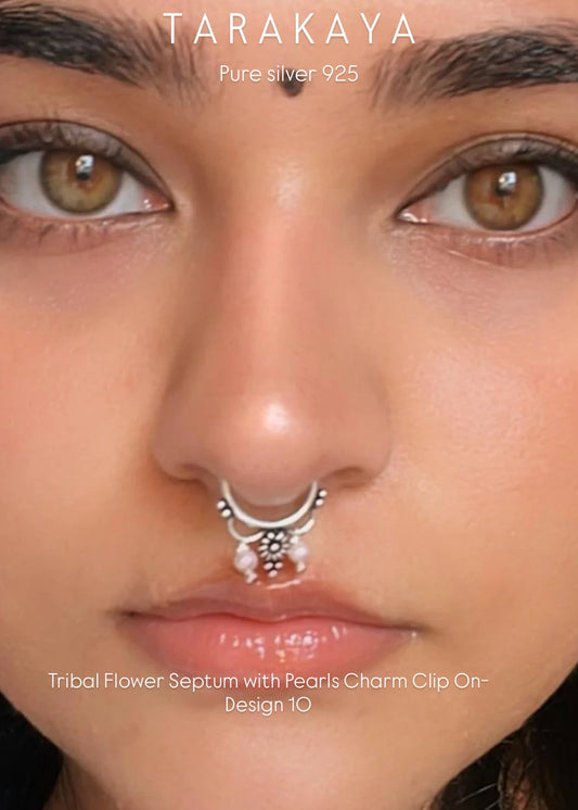 925 Sterling Silver Tribal Flower Septum with Pearls Charm Clip On- Design 10