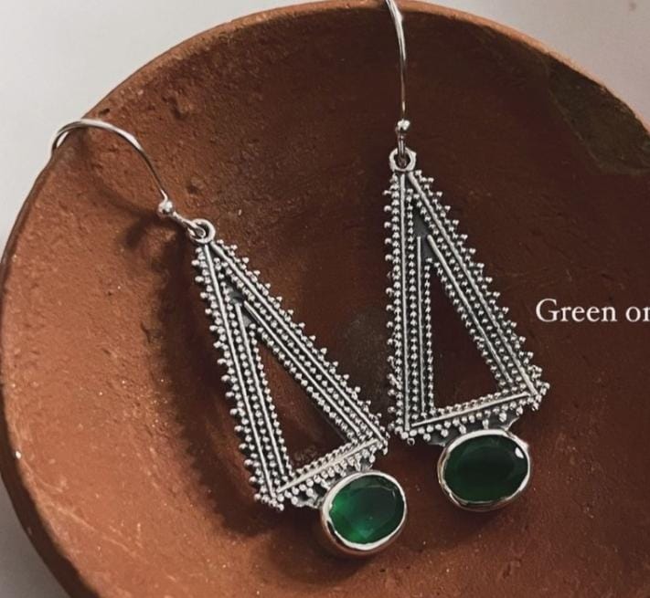 Sterling silver tribal earrings featuring green onyx triangle stones