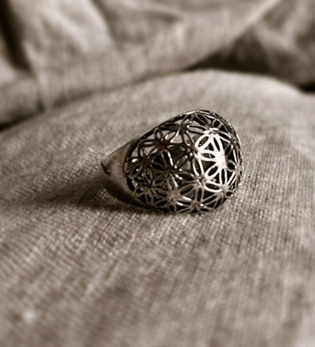 Handcrafted dome silver ring with Seed of Life pattern